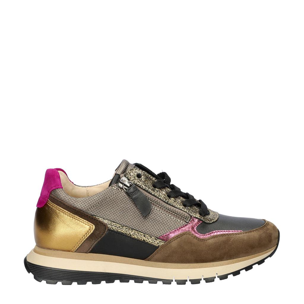 Bruin en multikleurige dames Gabor Comfort Optifit leren sneakers met rits- en vetersluiting