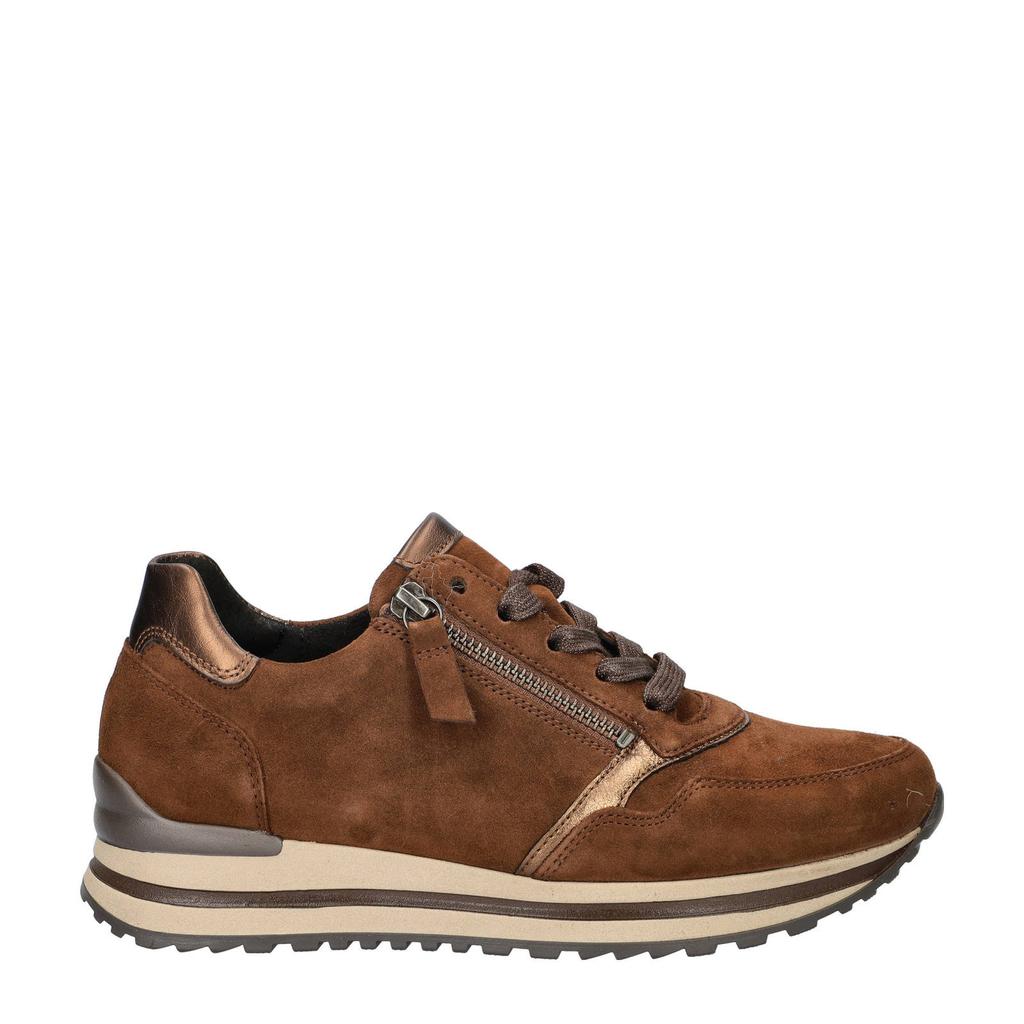 Cognackleurige dames Gabor suède sneakers met rits- en vetersluiting