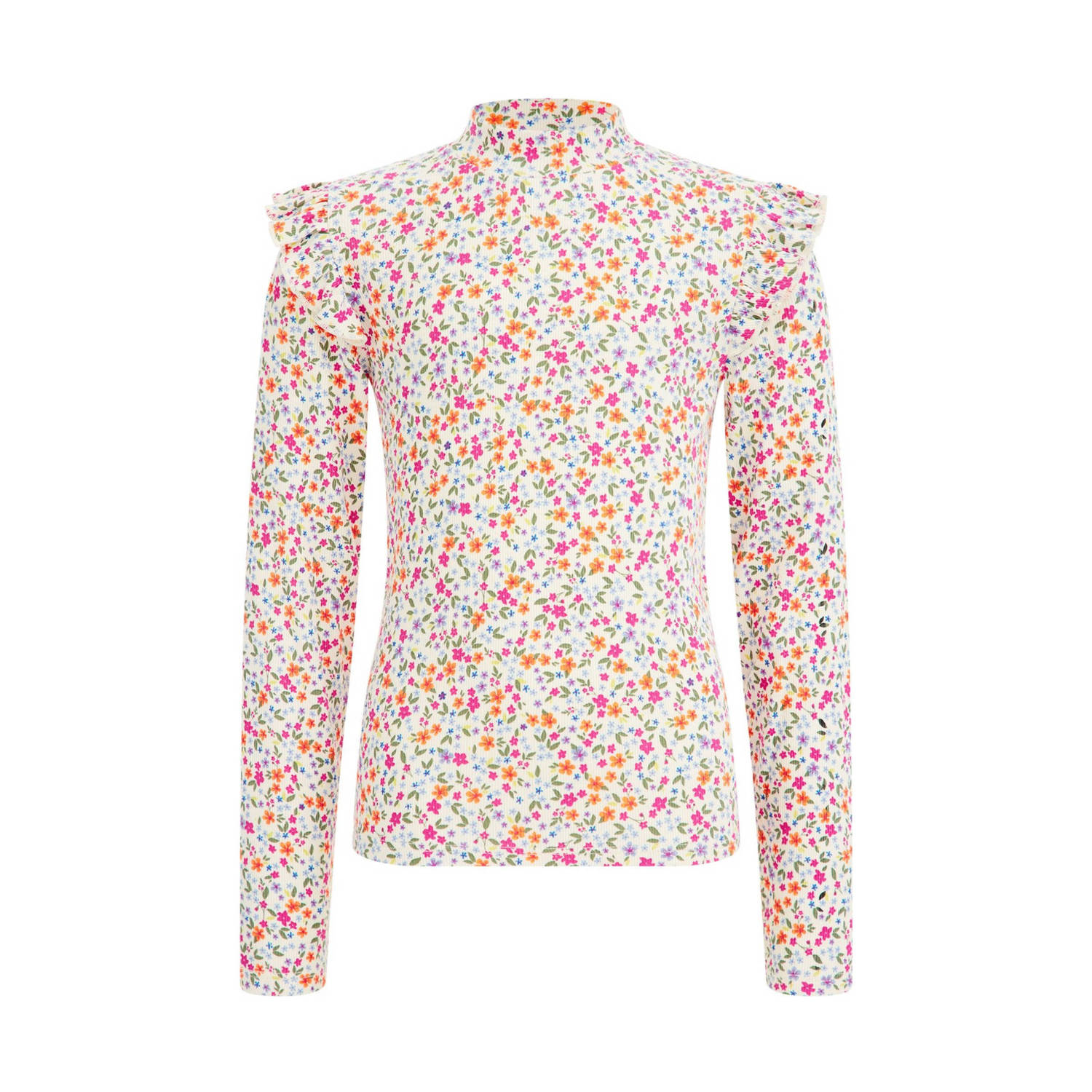 WE Fashion gebloemde longsleeve ecru roze oranje Meisjes Stretchkatoen Opstaande kraag 110 116