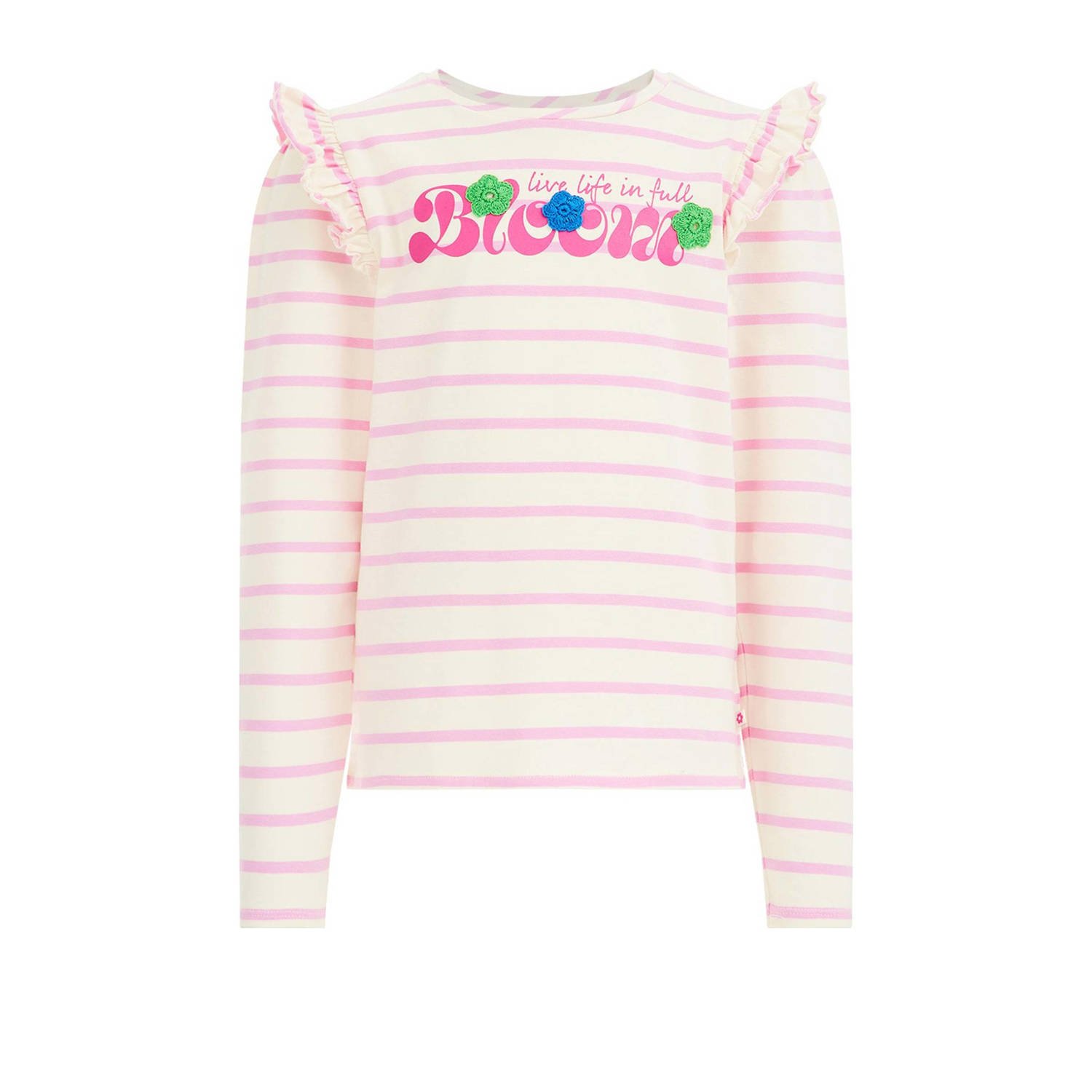 WE Fashion gestreepte longsleeve wit roze Meisjes Stretchkatoen Ronde hals 110 116