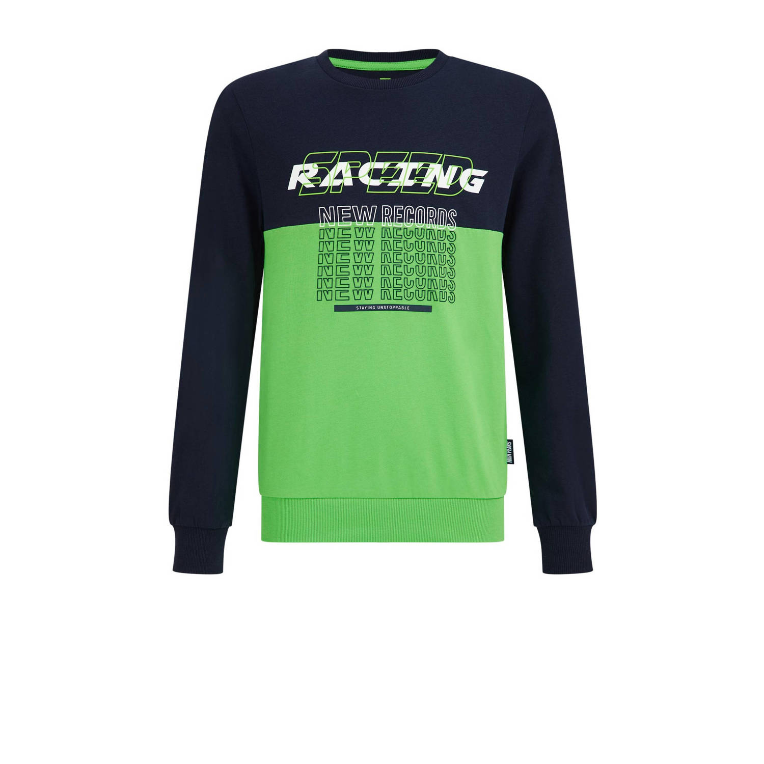 WE Fashion sweater met tekst donkerblauw felgroen Tekst 110 116