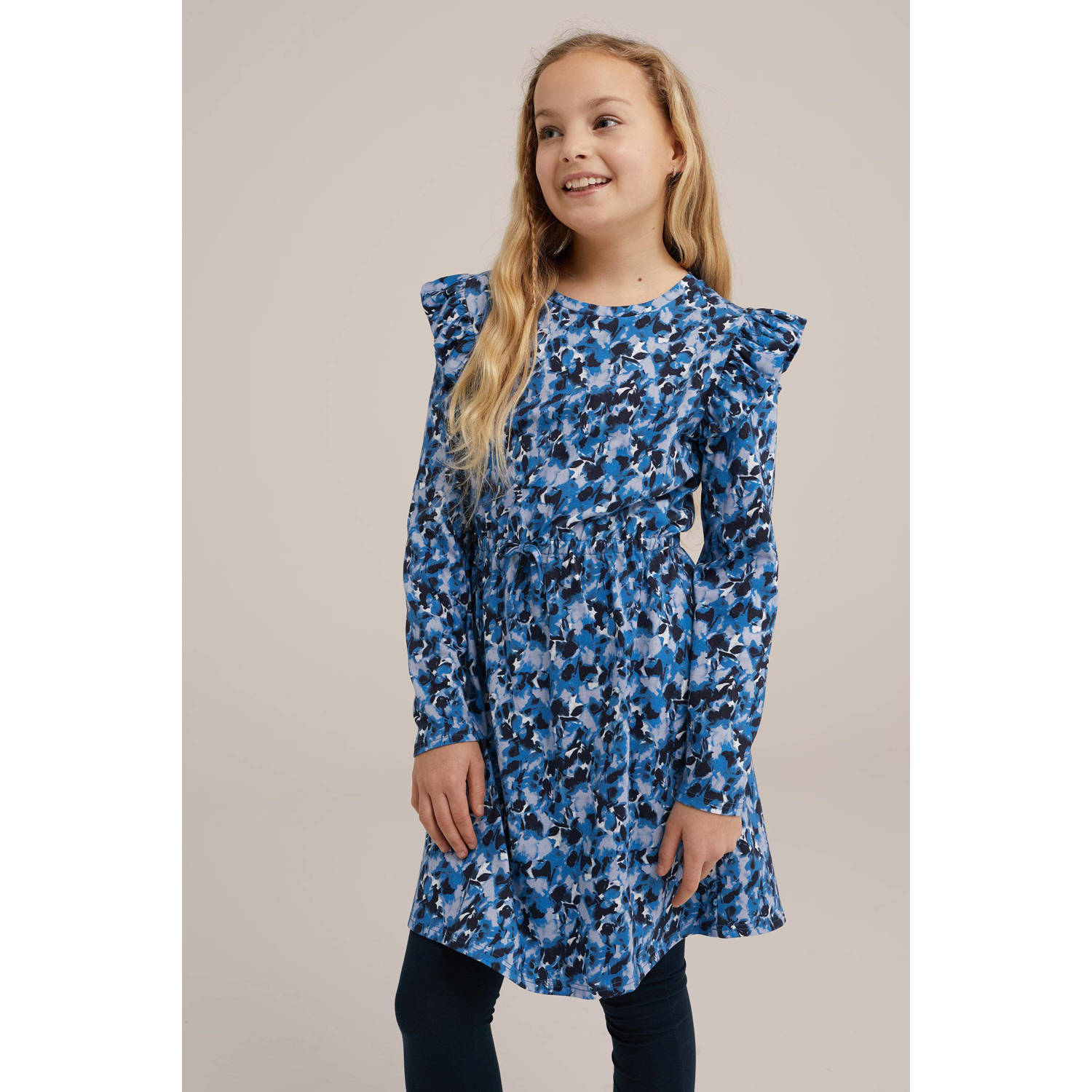 WE Fashion jurk met all over print en ruches blauw lila zwart