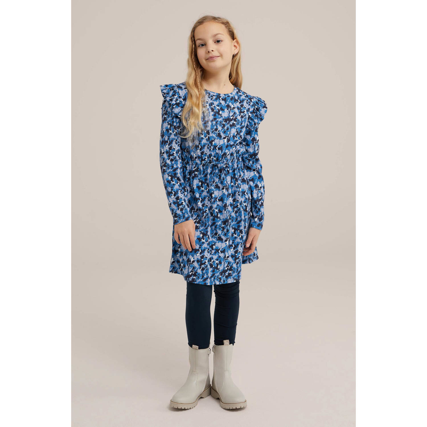 WE Fashion jurk met all over print en ruches blauw lila zwart