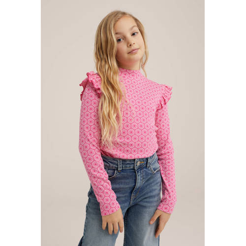 WE Fashion longsleeve met all over print en ruches roze