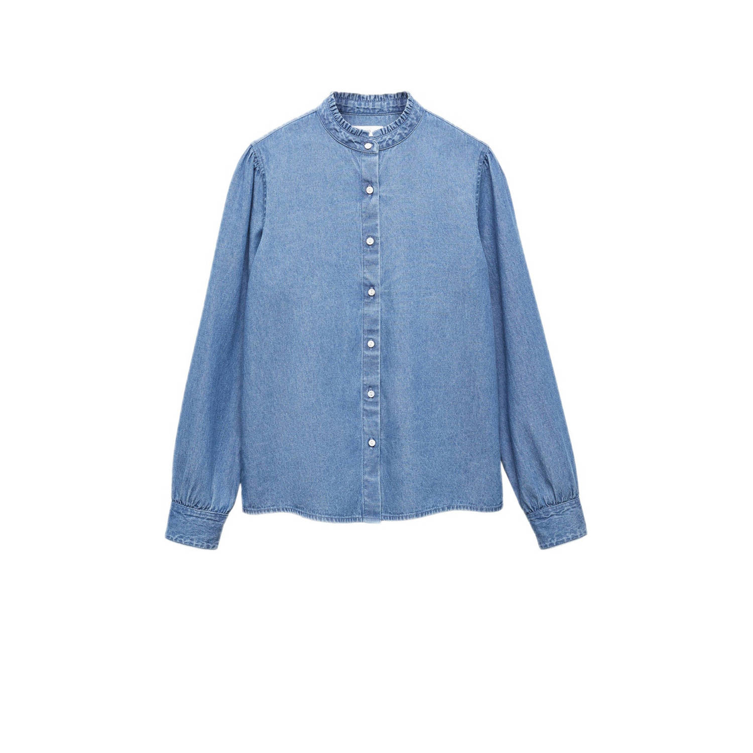 Mango Kids blouse middenblauw Meisjes Denim Opstaande kraag Effen 152(XXS)