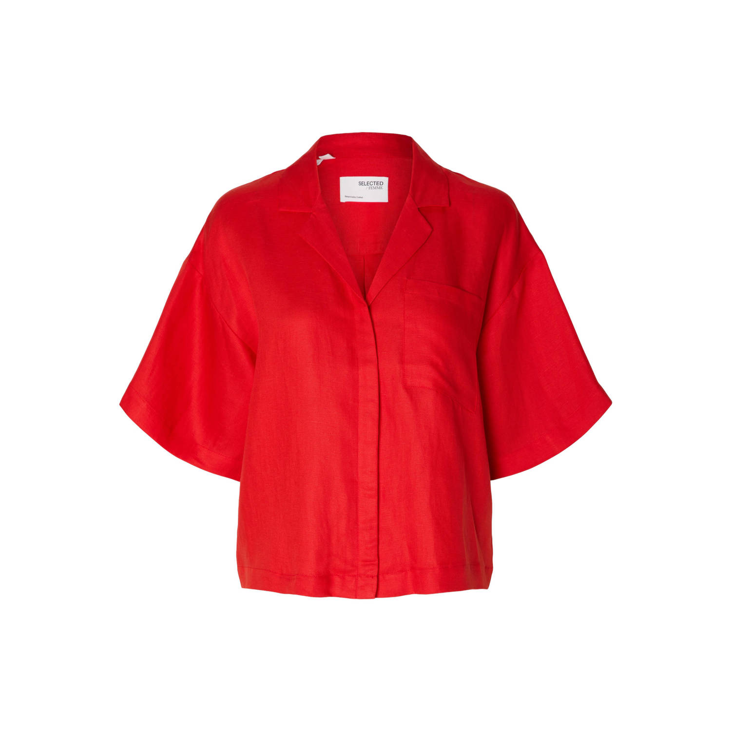 Selected Femme Boxy Revers Linnen Overhemd Flame Scarlet Red Dames