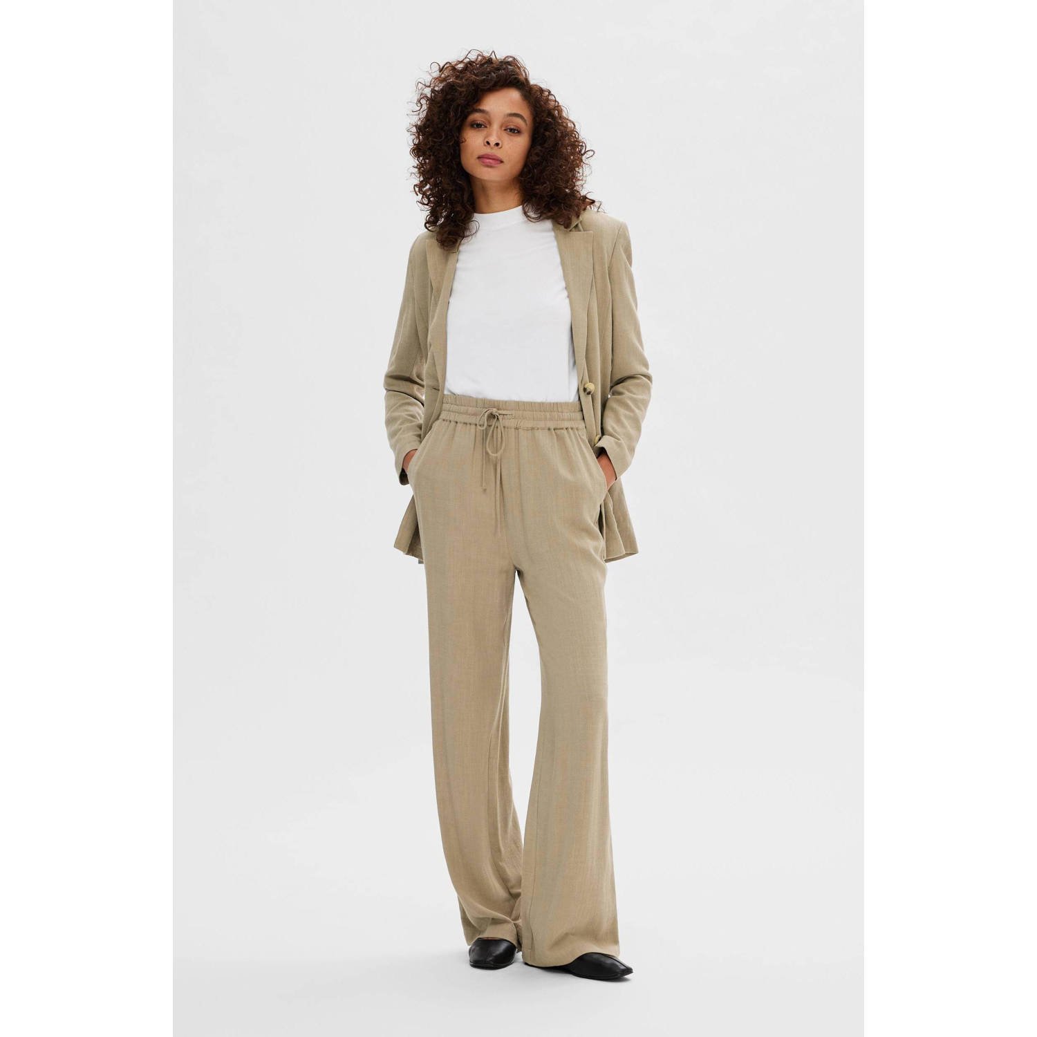 SELECTED FEMME high waist straight fit broek SLFVIVA met linnen zand