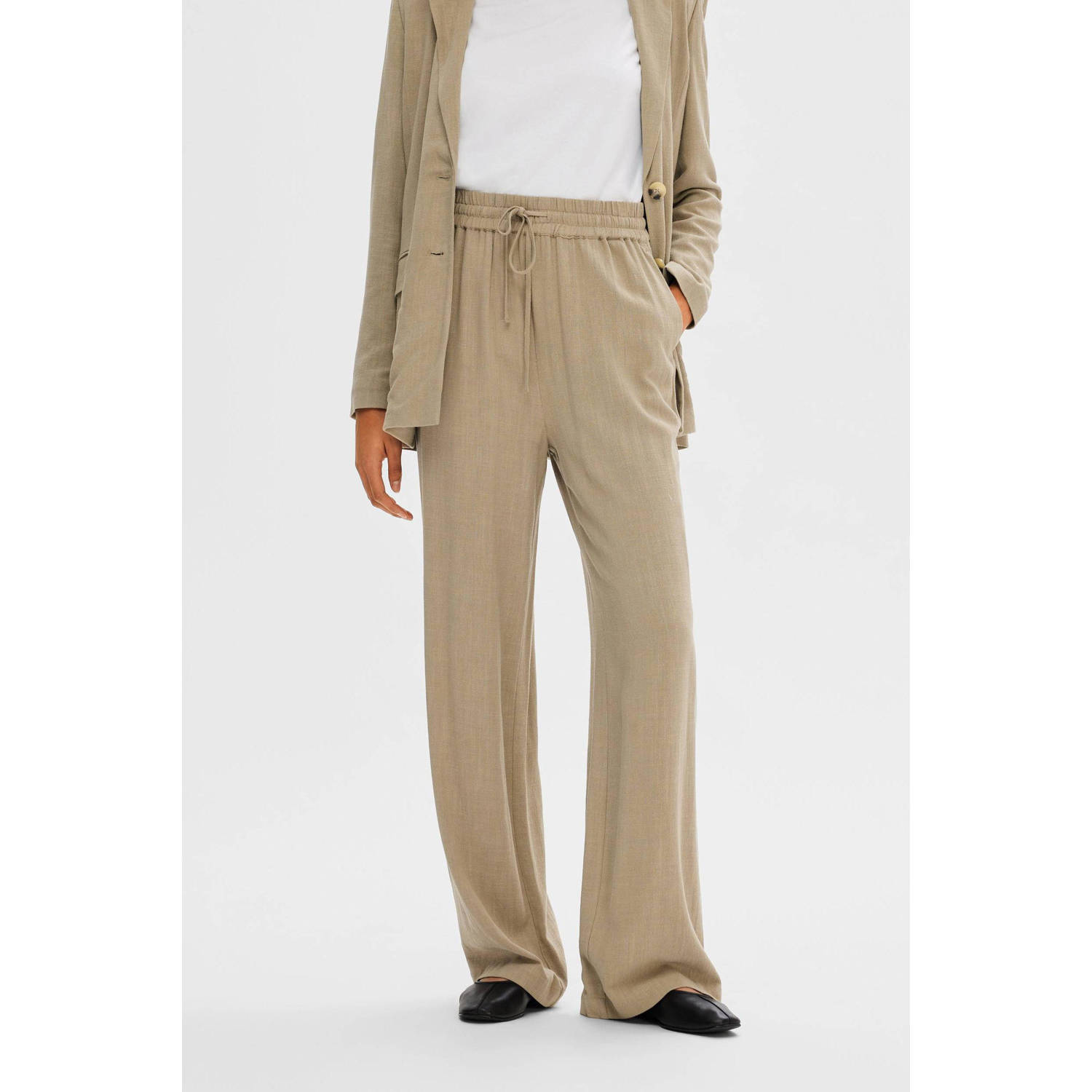 SELECTED FEMME high waist straight fit broek SLFVIVA met linnen zand