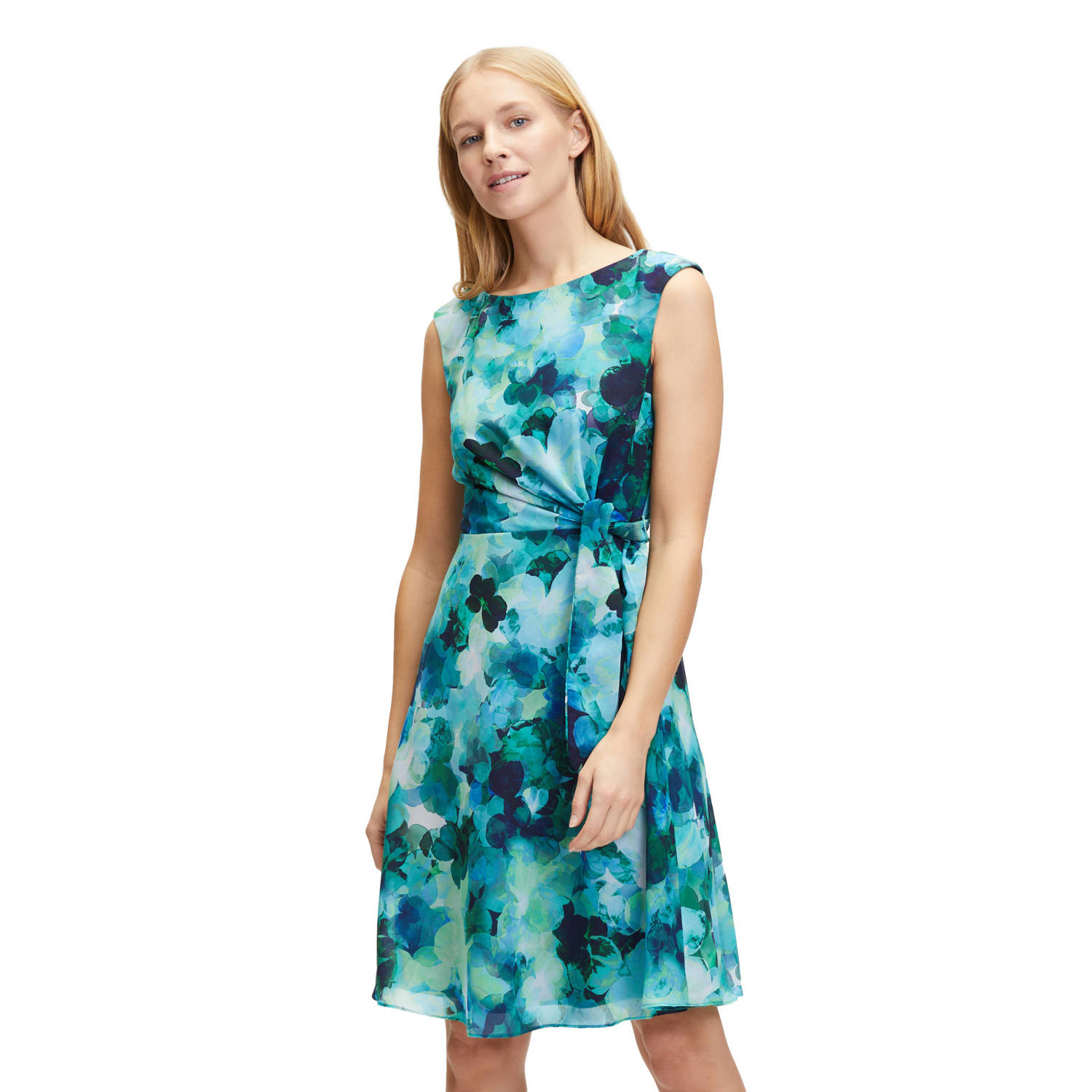 Vera Mont jurk met all over print en plooien groen blauw