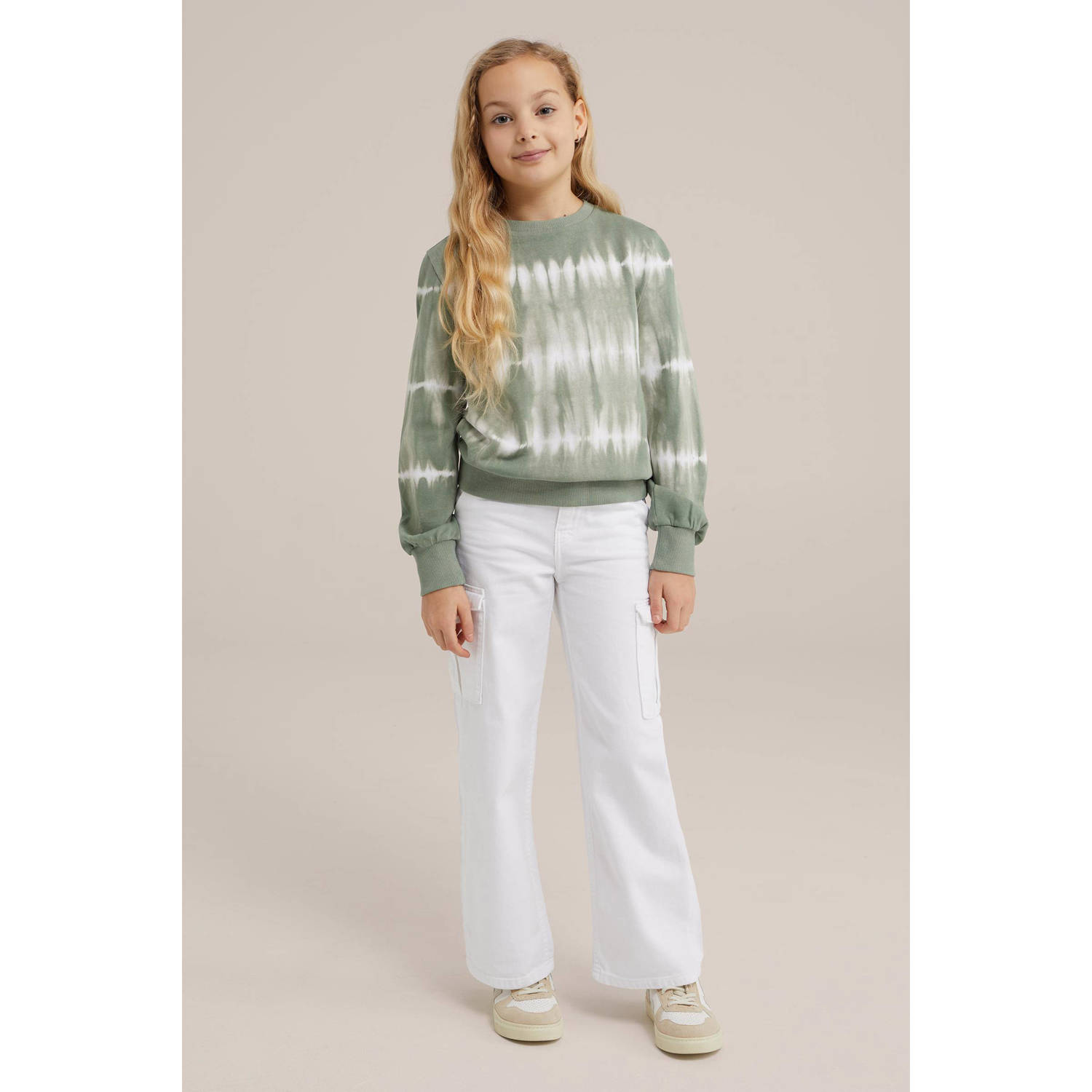 WE Fashion tie-dye sweater olijfgroen wit
