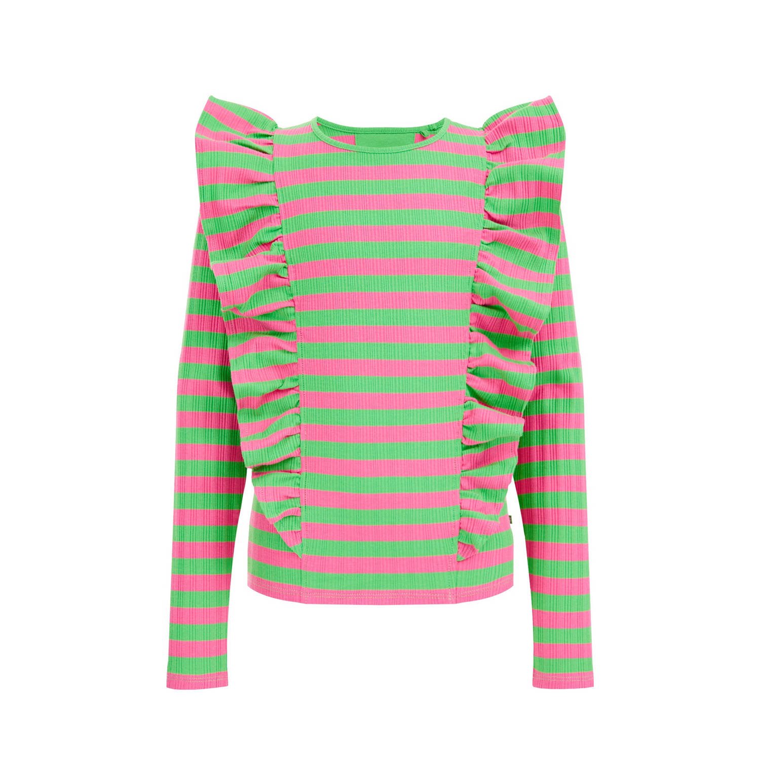 WE Fashion gestreepte longsleeve groen roze Multi Meisjes Katoen Ronde hals 110 116