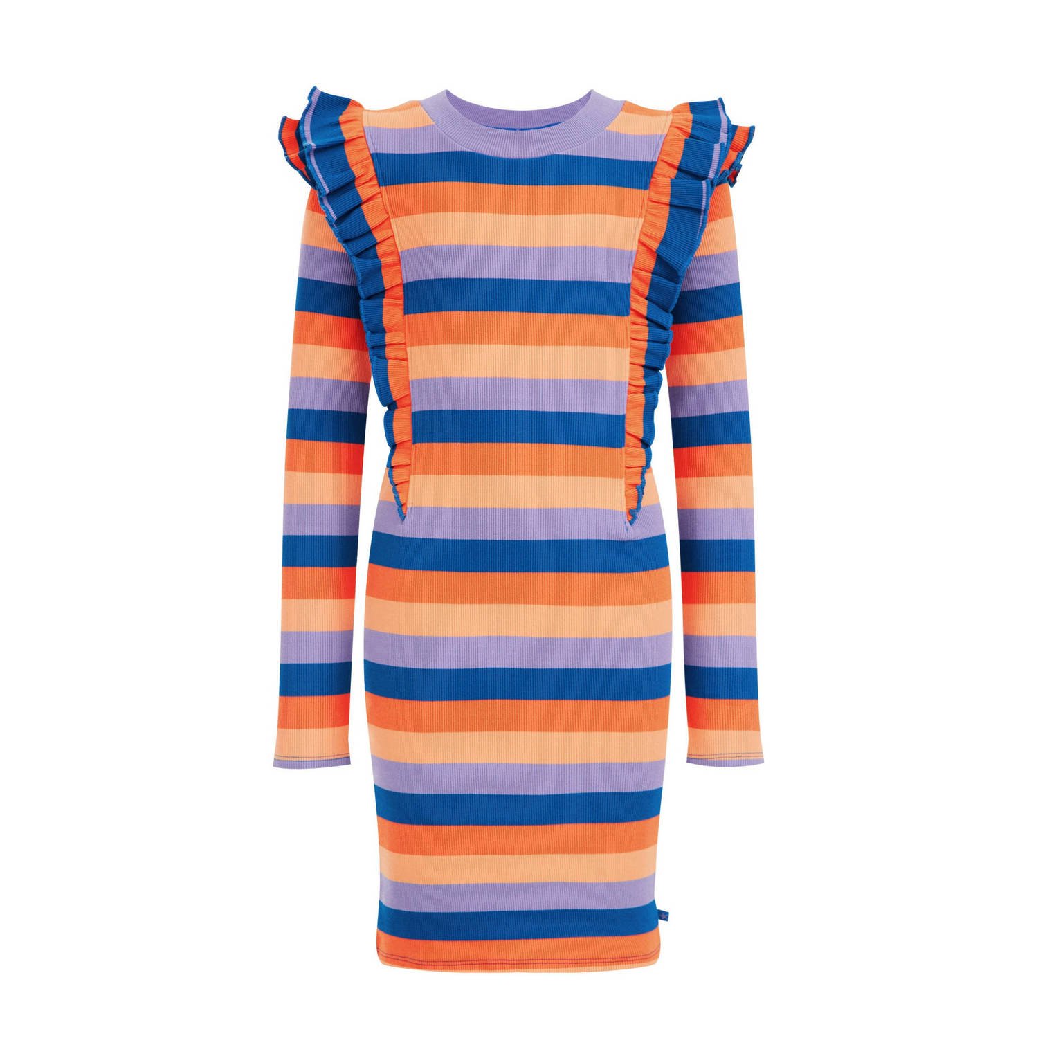 WE Fashion gestreepte jurk oranje blauw paars Multi Meisjes Katoen Ronde hals 110 116