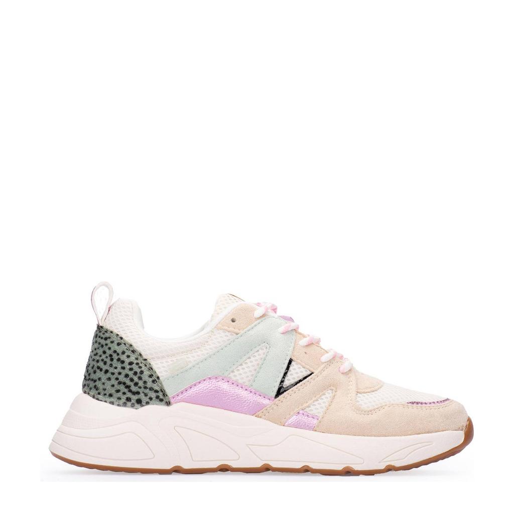 Beige en multikleurige dames POSH by Poelman Carocel chunky sneakers van synthetisch materiaal met veters