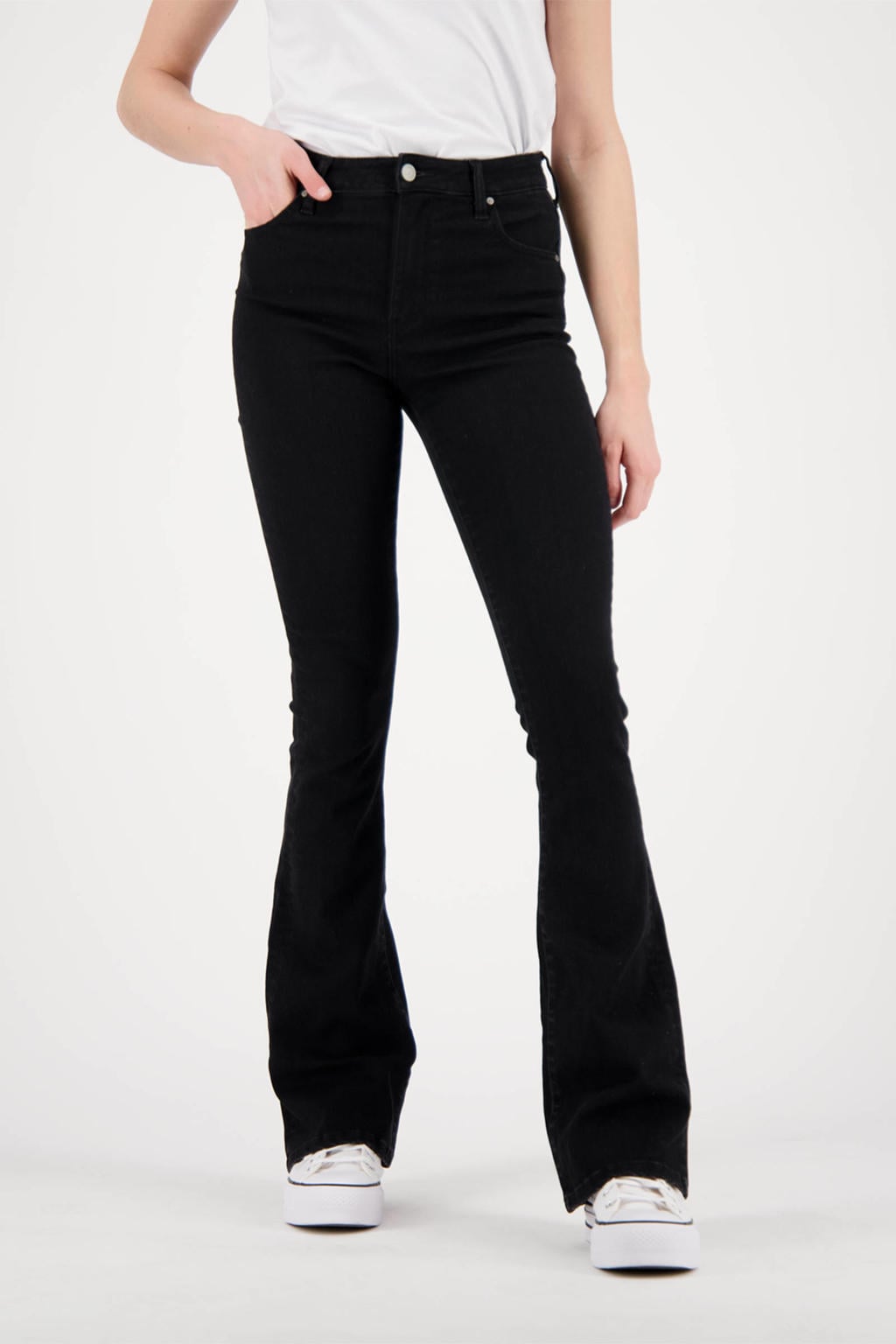Black denim dames Raizzed high waist flared jeans Sunrise black van denim met rits- en drukknoopsluiting en effen