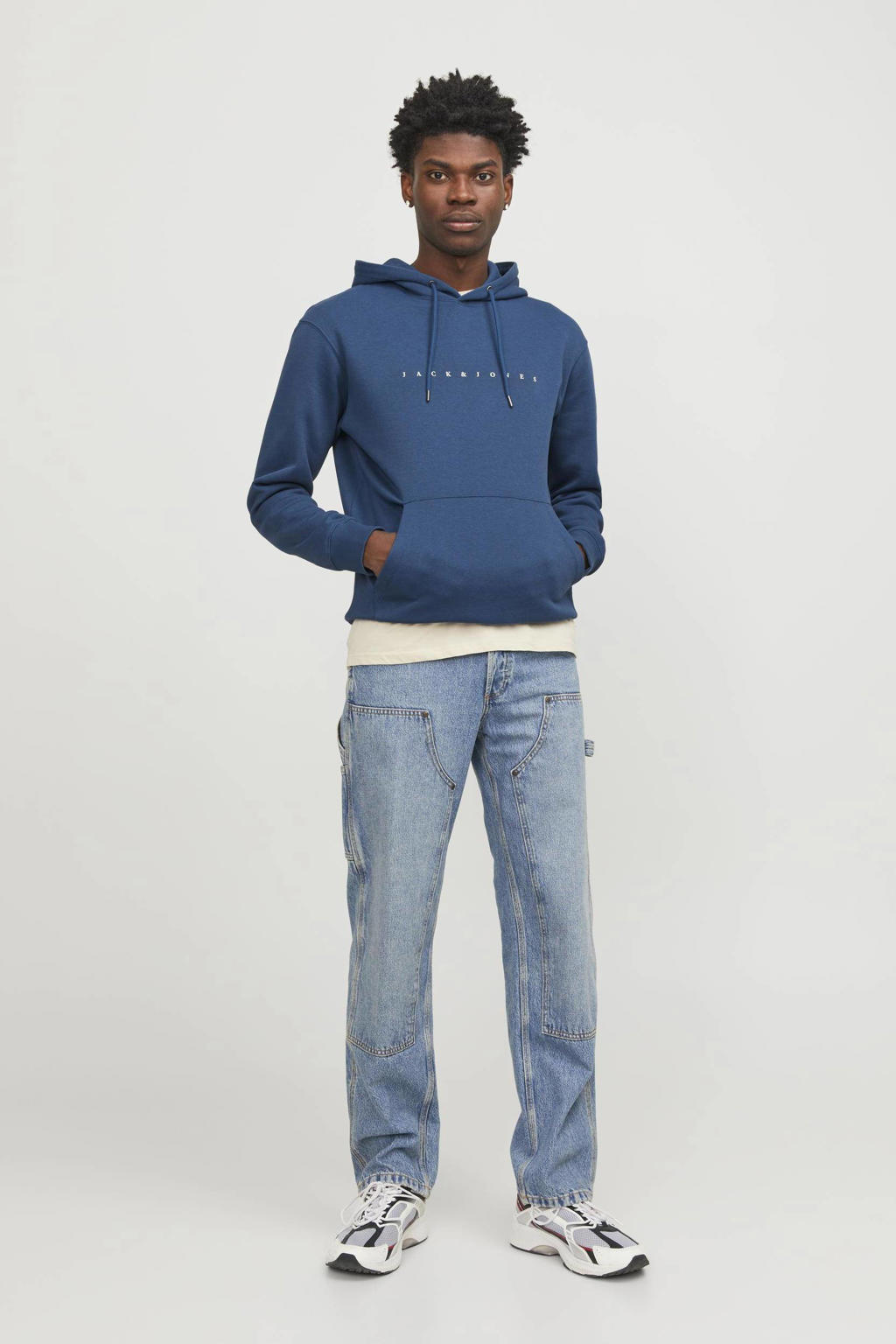 JACK & JONES ESSENTIALS hoodie JJESTAR met printopdruk blauw