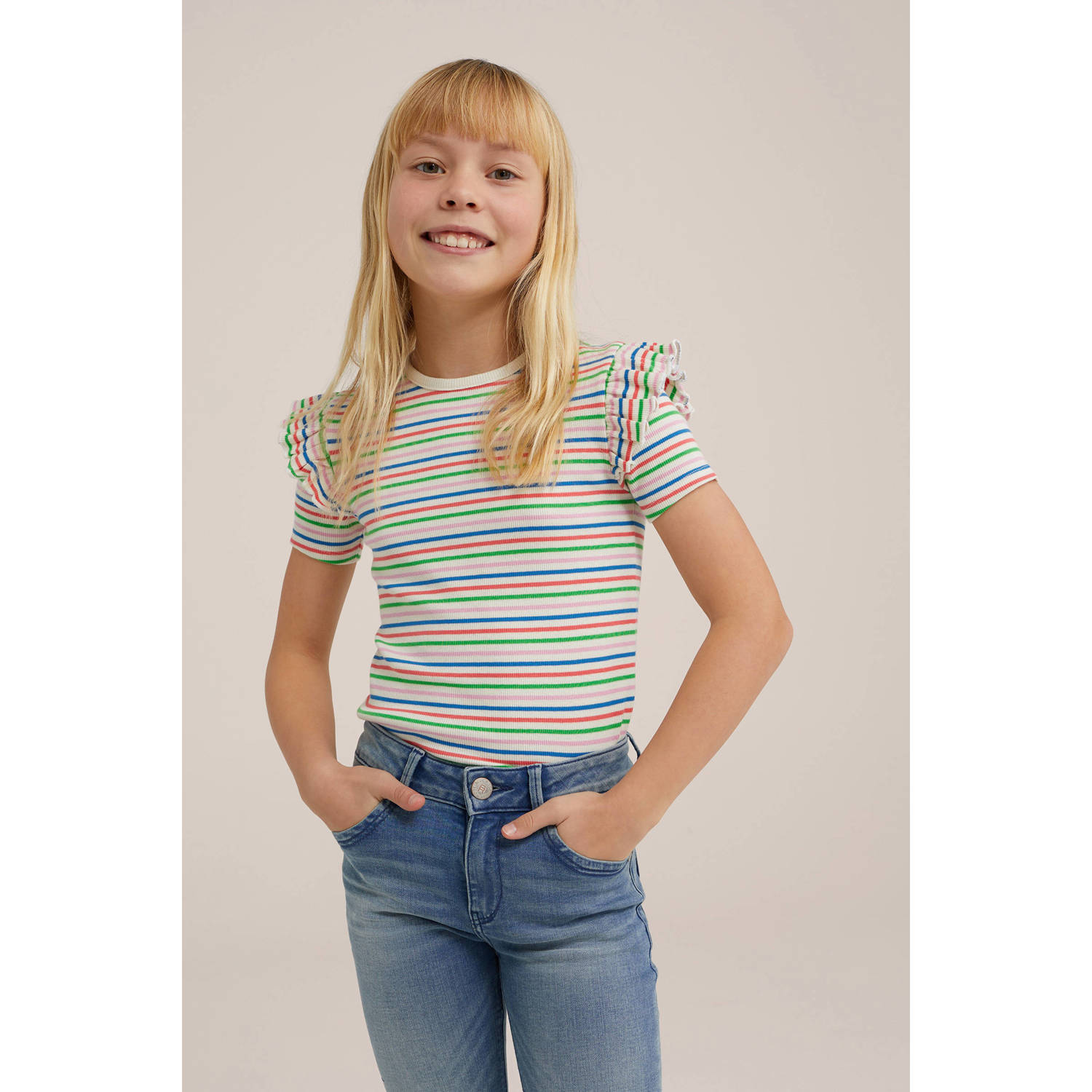 WE Fashion gestreept T-shirt met katoen groen roze wit