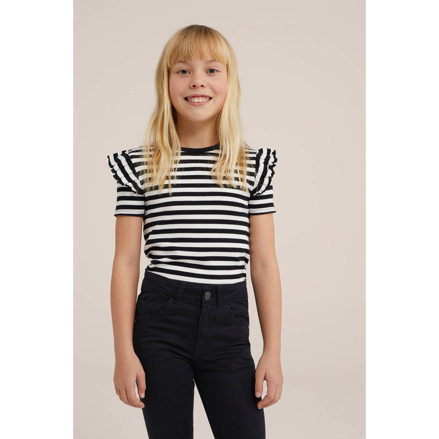 WE Fashion gestreept T-shirt met biologisch katoen donkerblauw wit