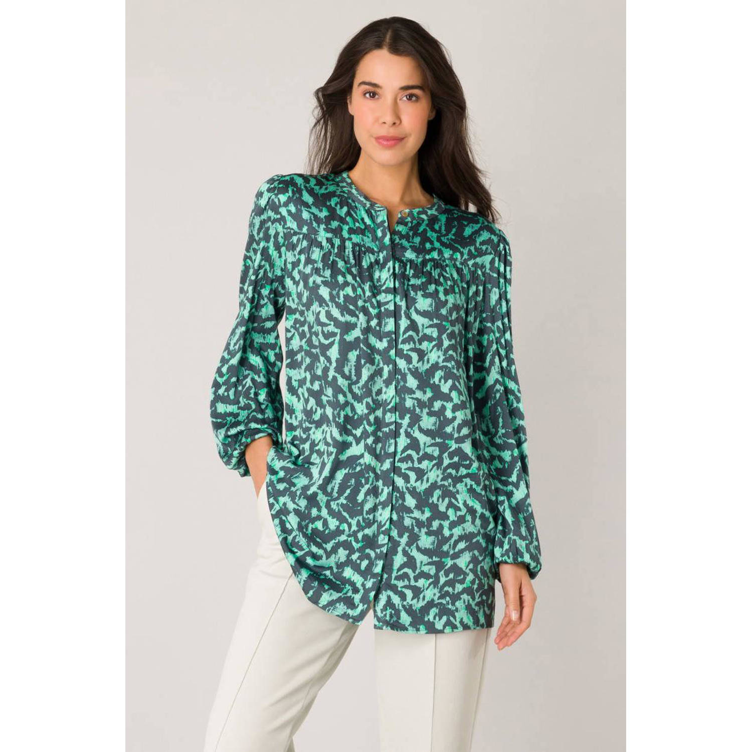Yest blouse met all over print grijsblauw groen