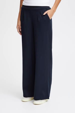 high waist wide leg pantalon IHKATE SUS LONG WIDE van polyester donkerblauw