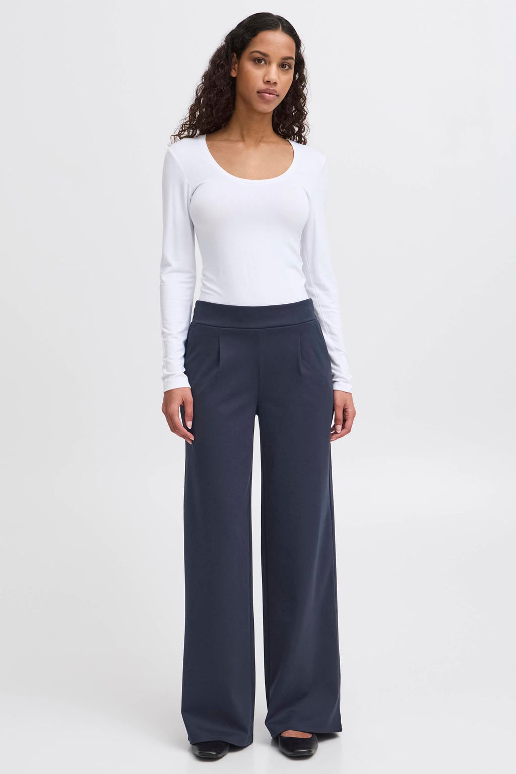 ICHI high waist wide leg pantalon IHKATE SUS LONG WIDE van polyester donkerblauw