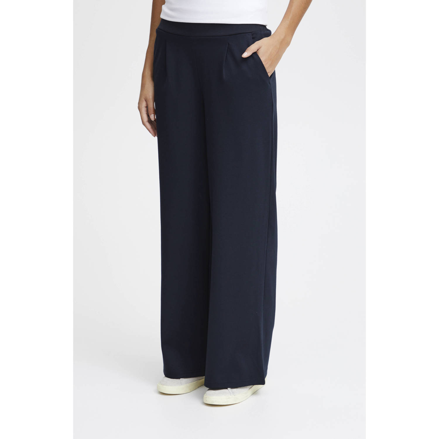 ICHI high waist wide leg pantalon IHKATE SUS LONG WIDE van polyester donkerblauw