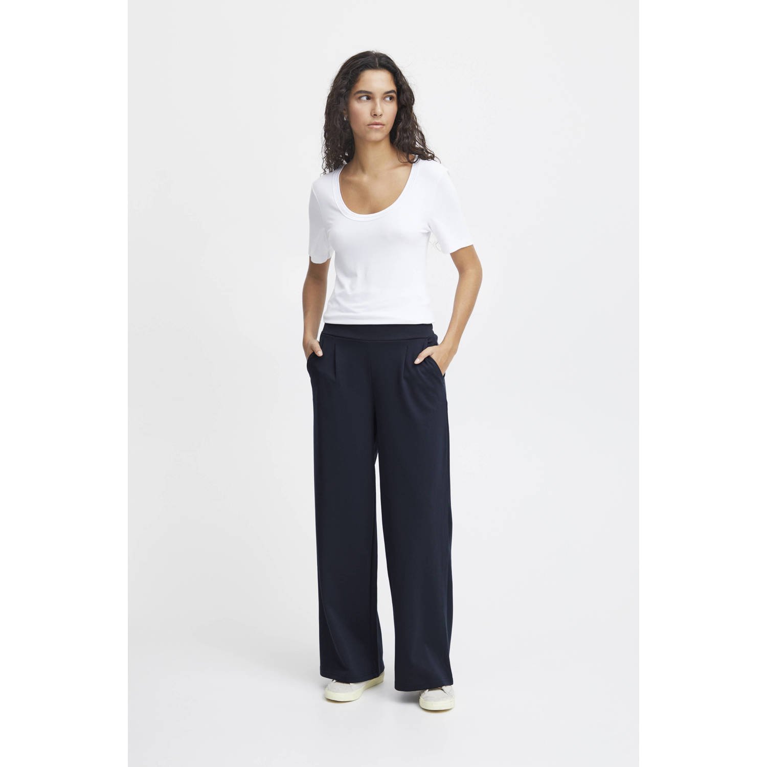 ICHI high waist wide leg pantalon IHKATE SUS LONG WIDE van polyester donkerblauw