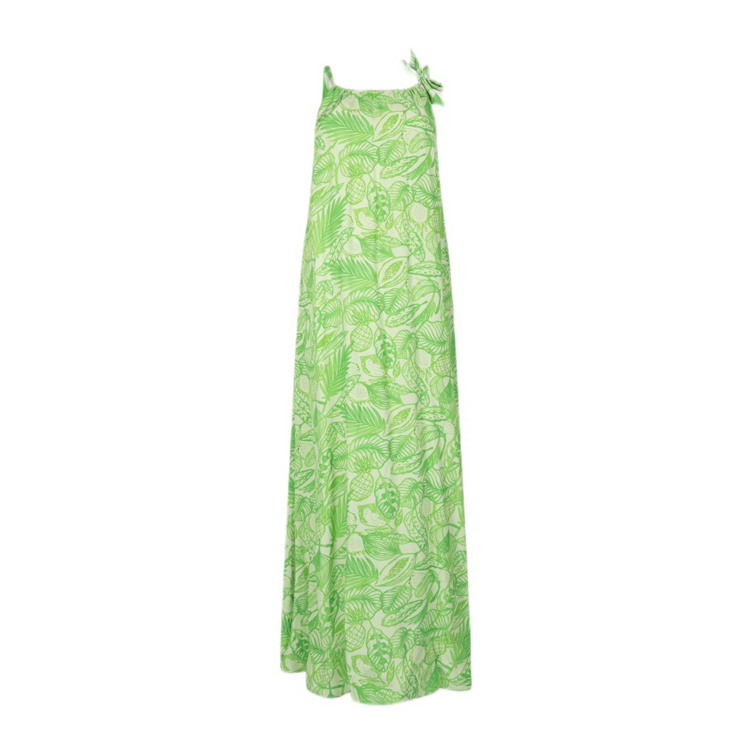 JANSEN Amsterdam halter maxi jurk met all over print en ceintuur groen ecru