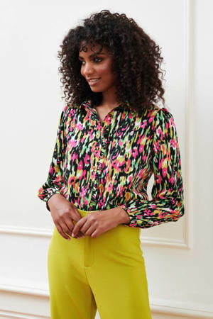 blouse Maven met all over print en ruches zwart/ groen