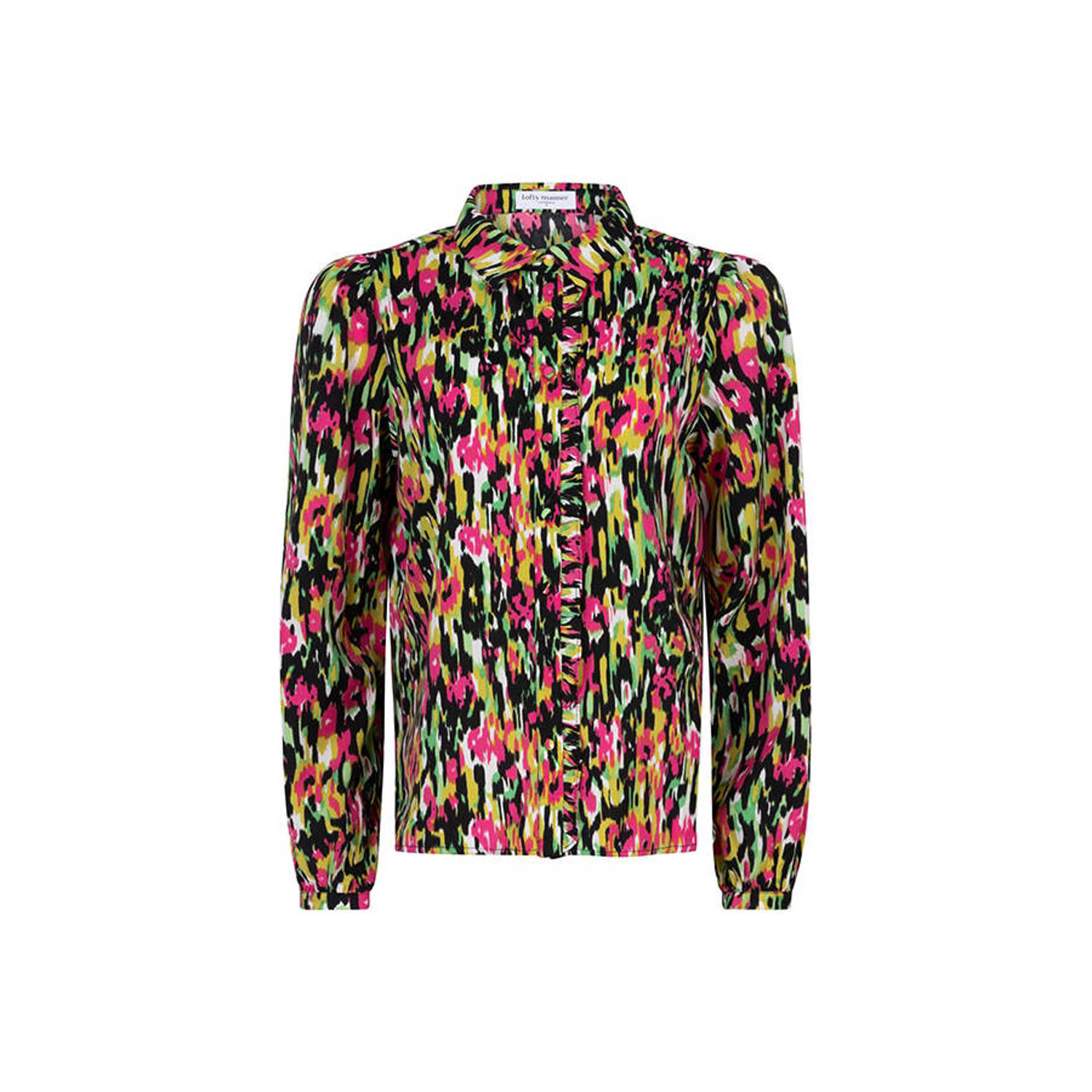 Lofty Manner blouse Maven met all over print en ruches zwart groen