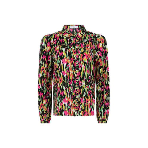 Lofty Manner blouse Maven met all over print en ruches zwart/ groen
