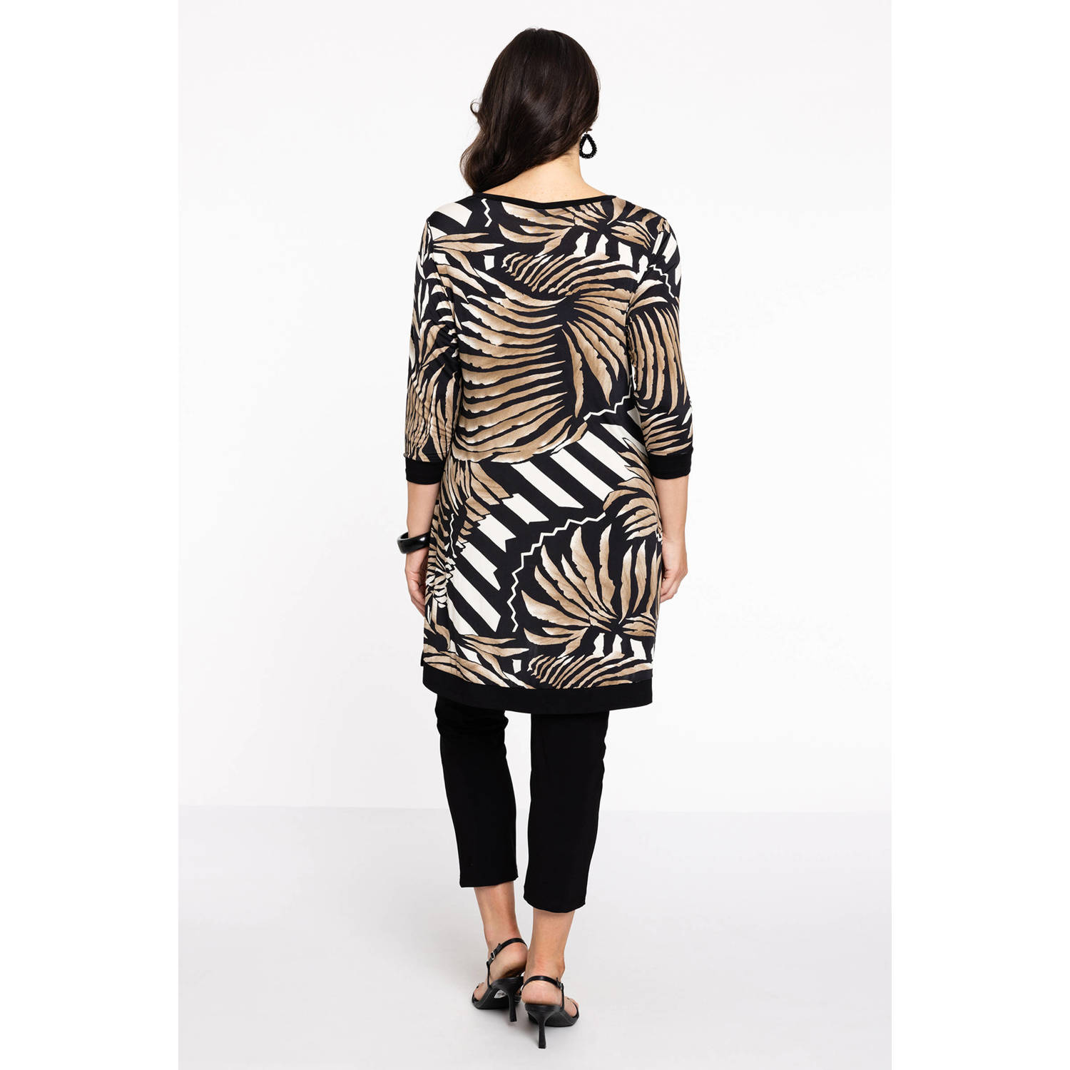 YOEK tuniek met bladprint ecru zwart wit