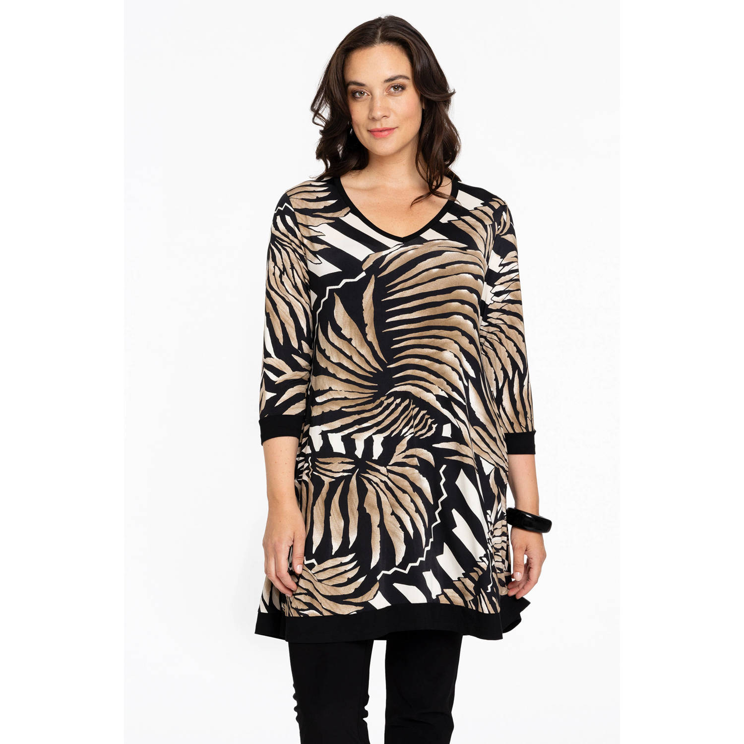 YOEK tuniek met bladprint ecru zwart wit