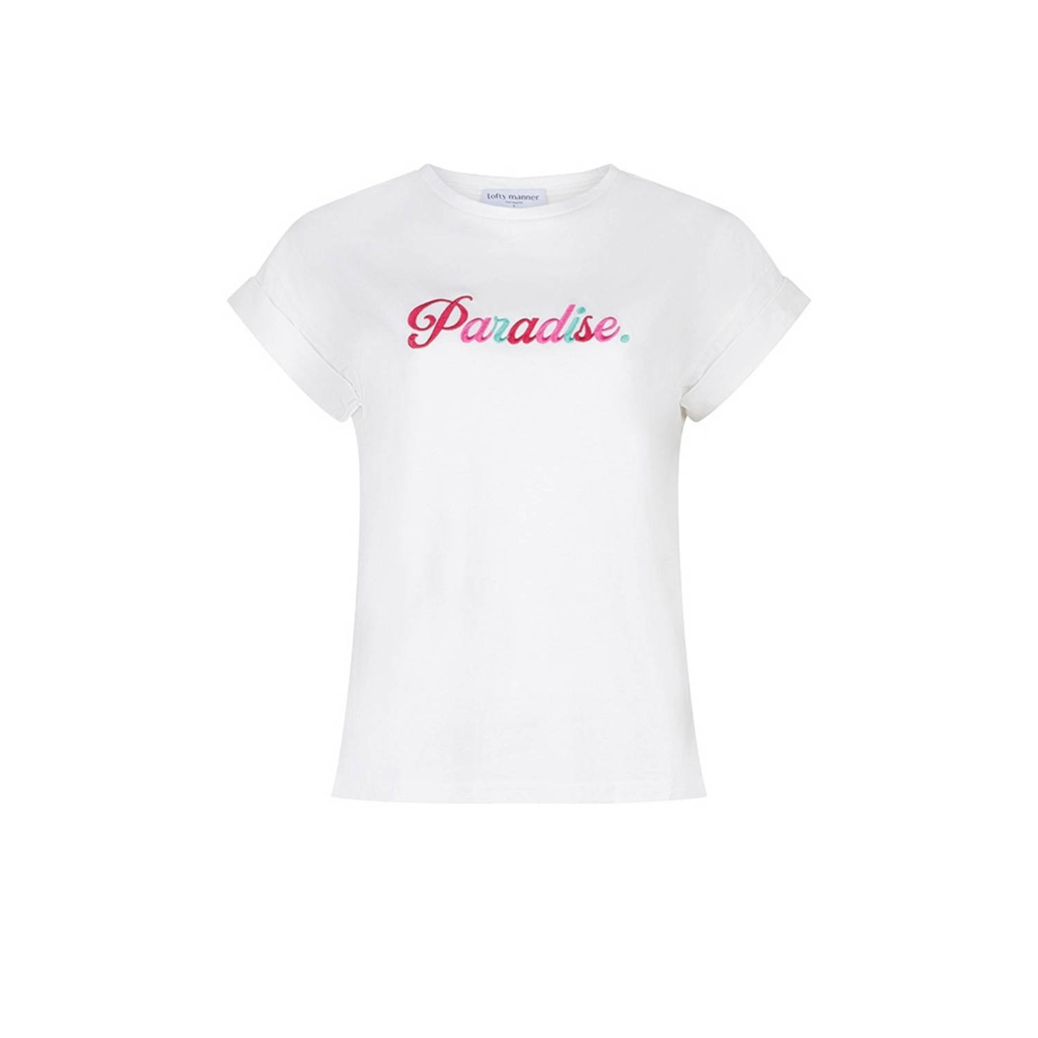Lofty Manner T-shirt Maren met tekst en borduursels wit roze
