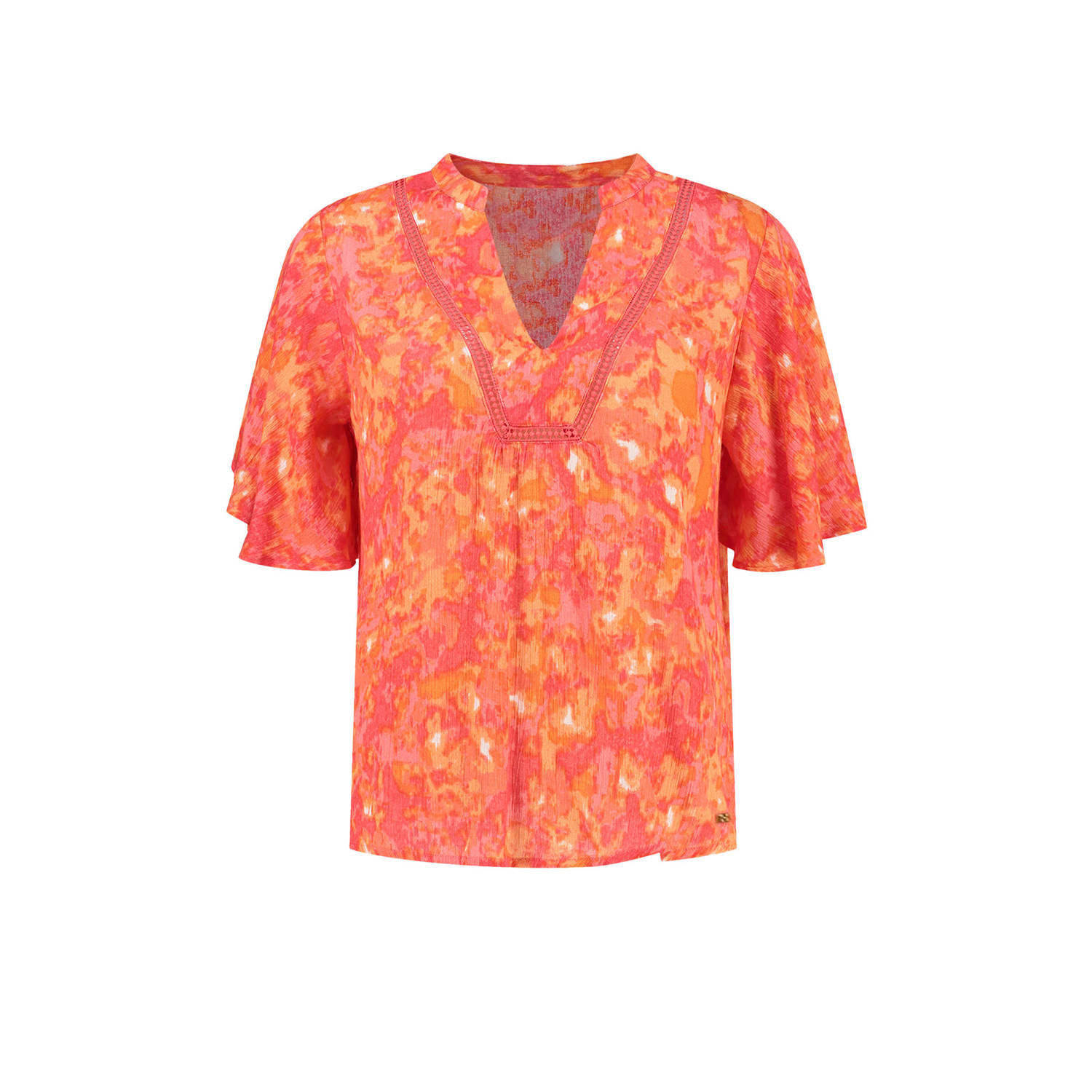Fifth House x Chantal Janzen blousetop Avery met all over print en ruches rood oranje ecru