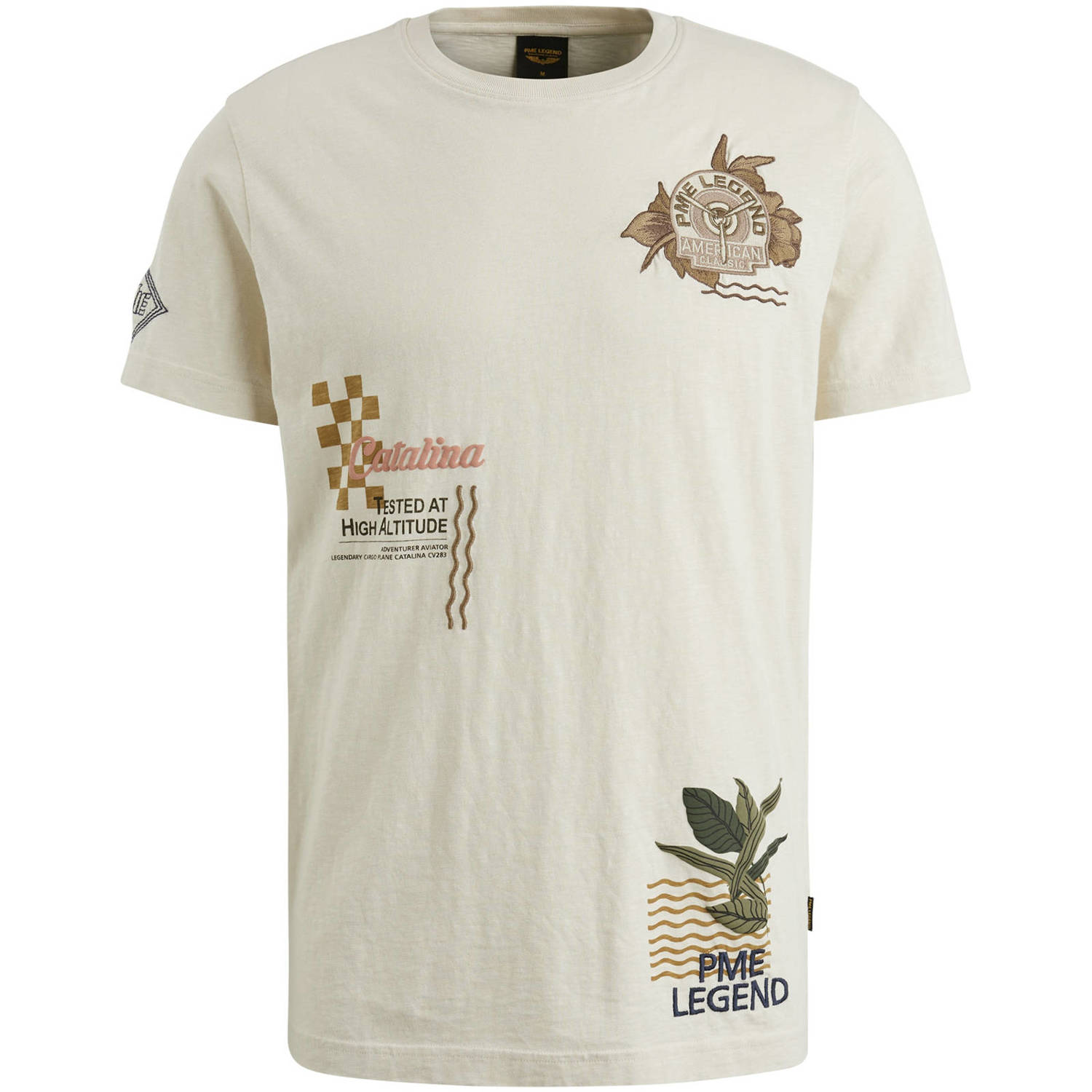 PME Legend regular fit T-shirt met printopdruk en borduursels ecru