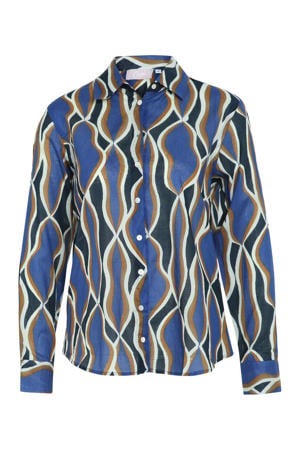 blouse met all over print blauw/camel/ecru