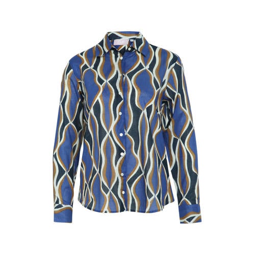 Cassis blouse met all over print blauw/camel/ecru