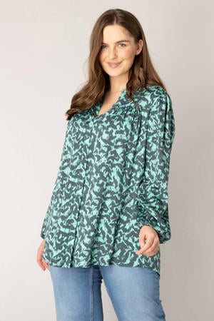 blouse met all over print grijs/ mintgroen