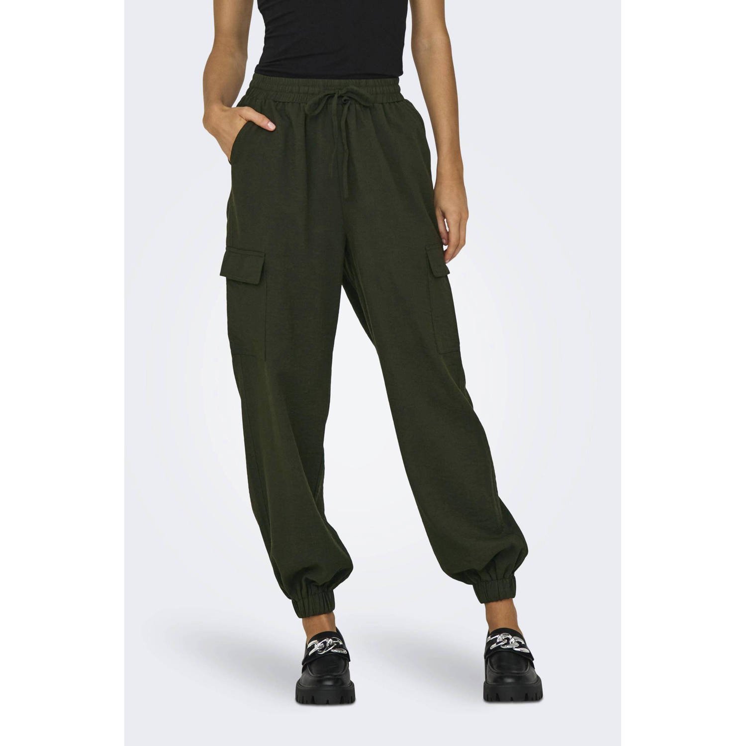 ONLY high waist regular fit cargobroek ONLKATINKA donkergroen