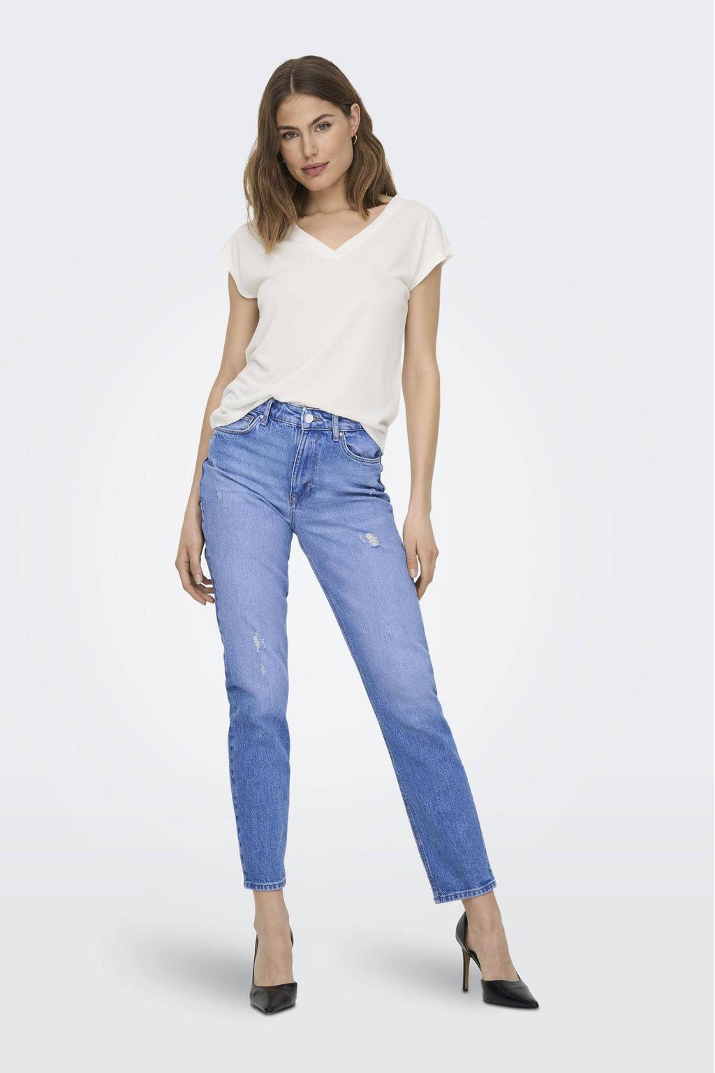 Witte dames ONLY T-shirt van modal met effen, korte mouwen en V-hals