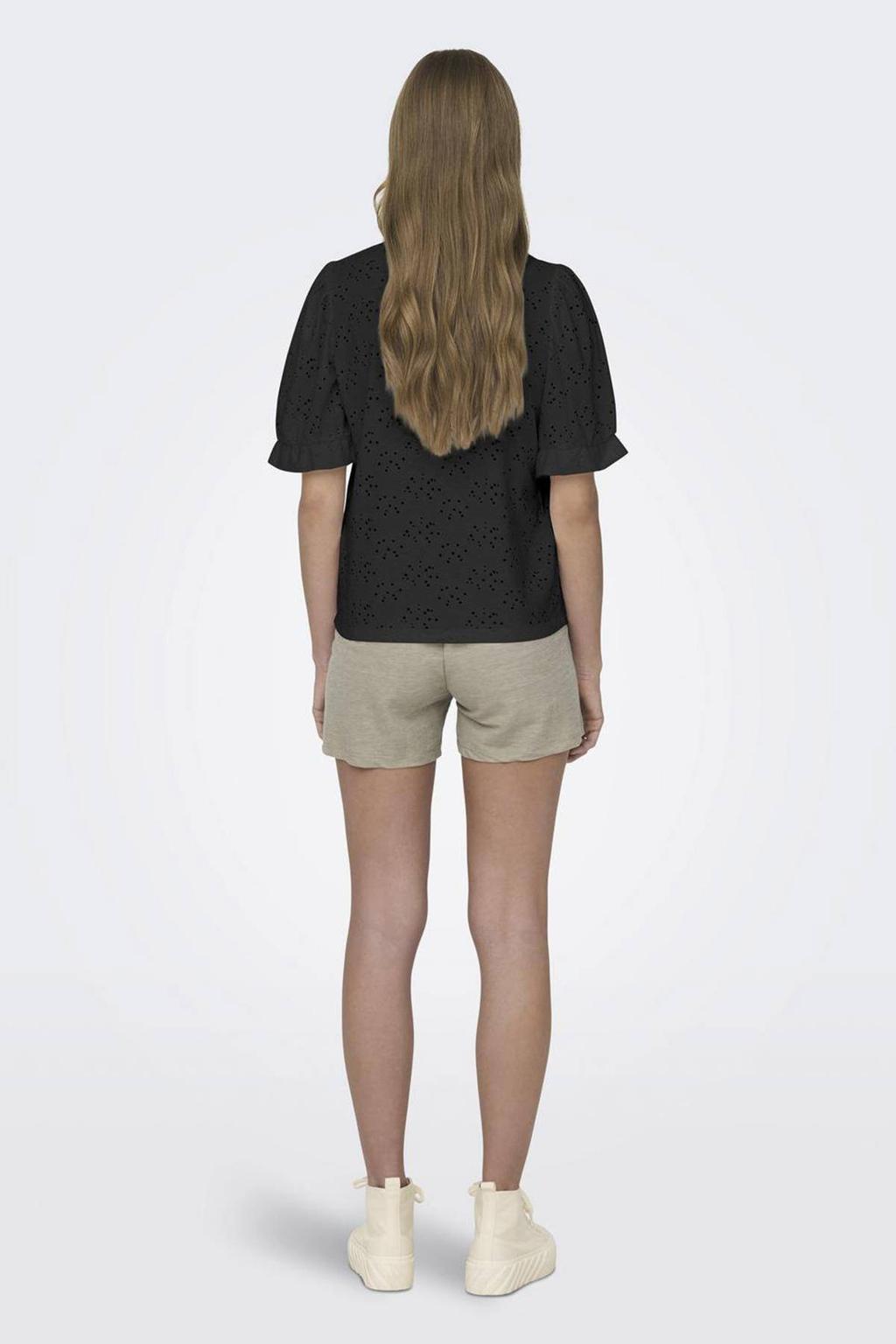 Zwarte dames ONLY top met effen, korte mouwen, ronde hals en broderie