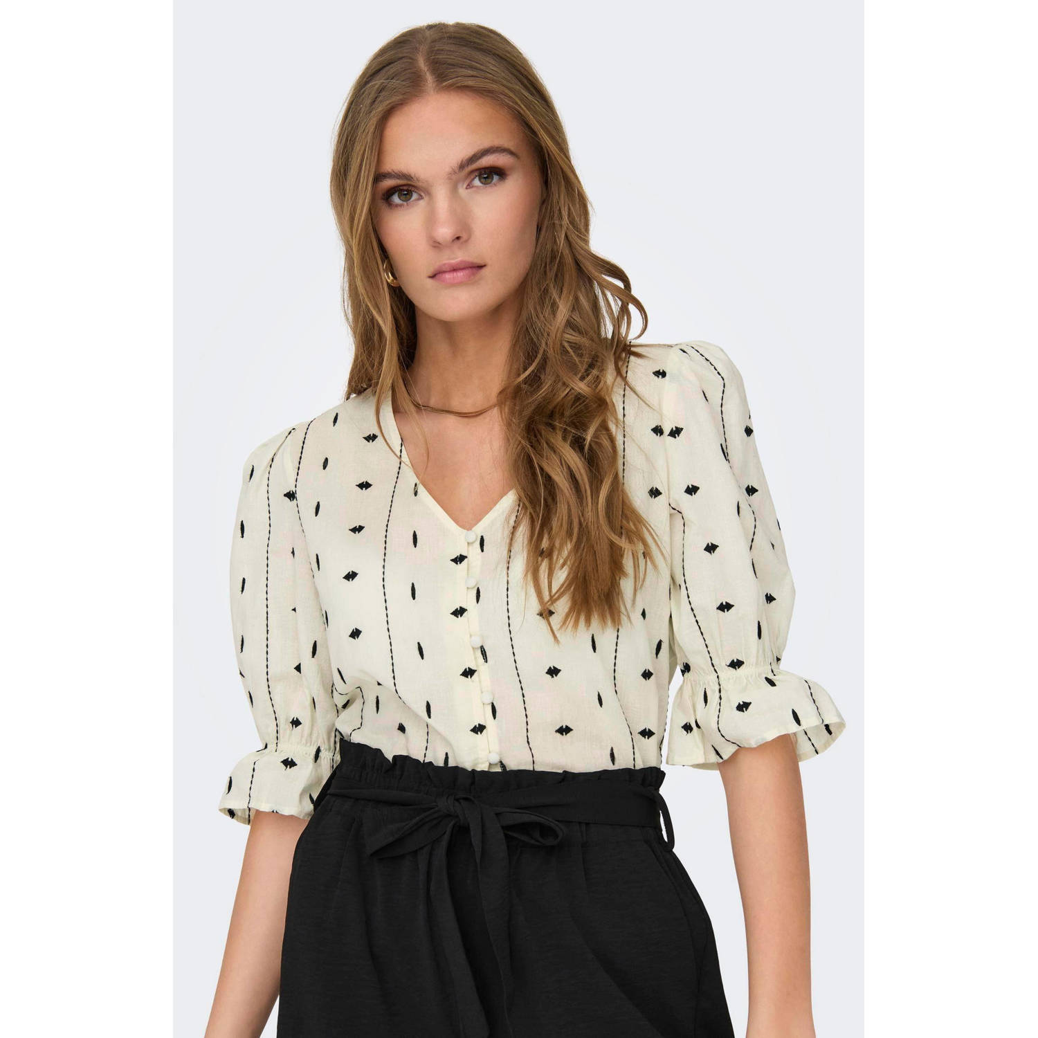 ONLY blouse ONLJASMIN met all over print en ruches crème zwart