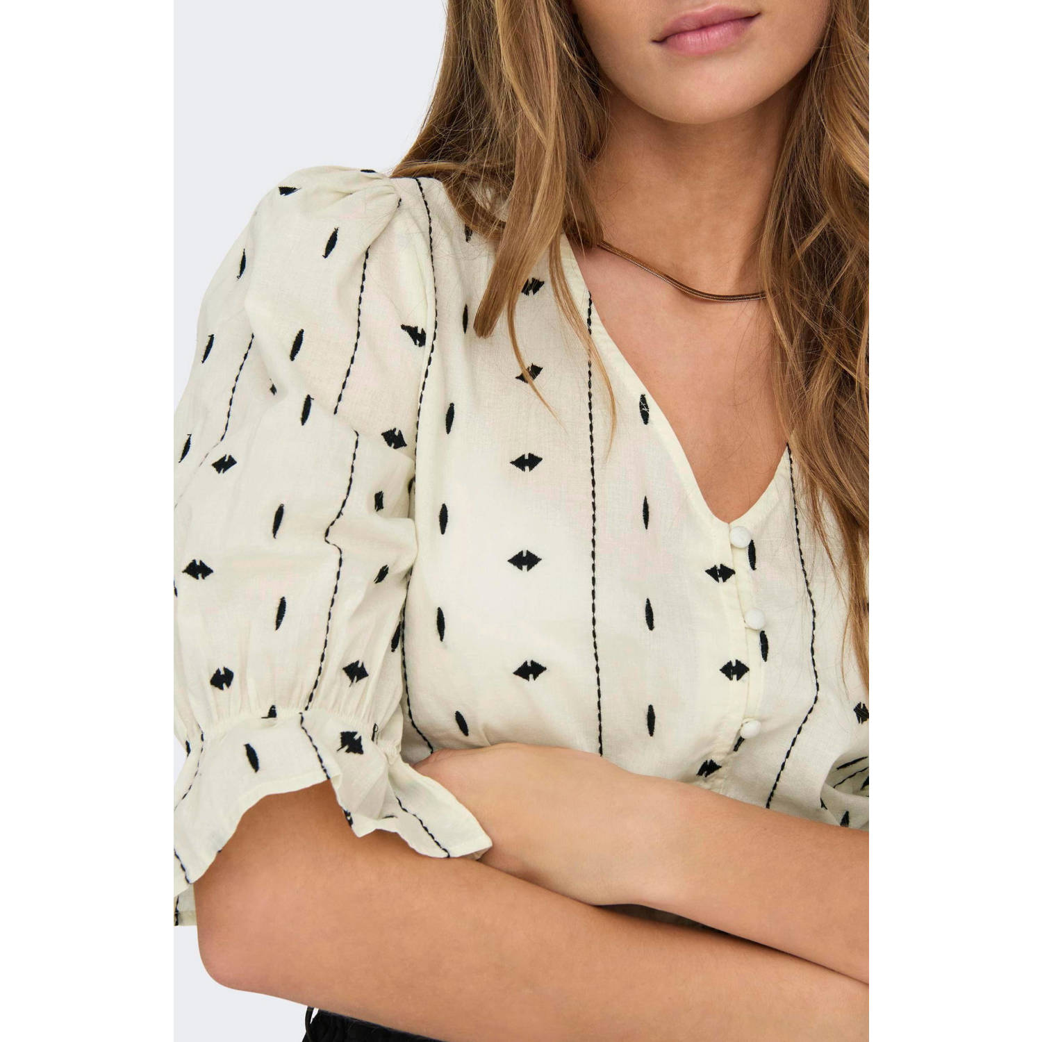 ONLY blouse ONLJASMIN met all over print en ruches crème zwart