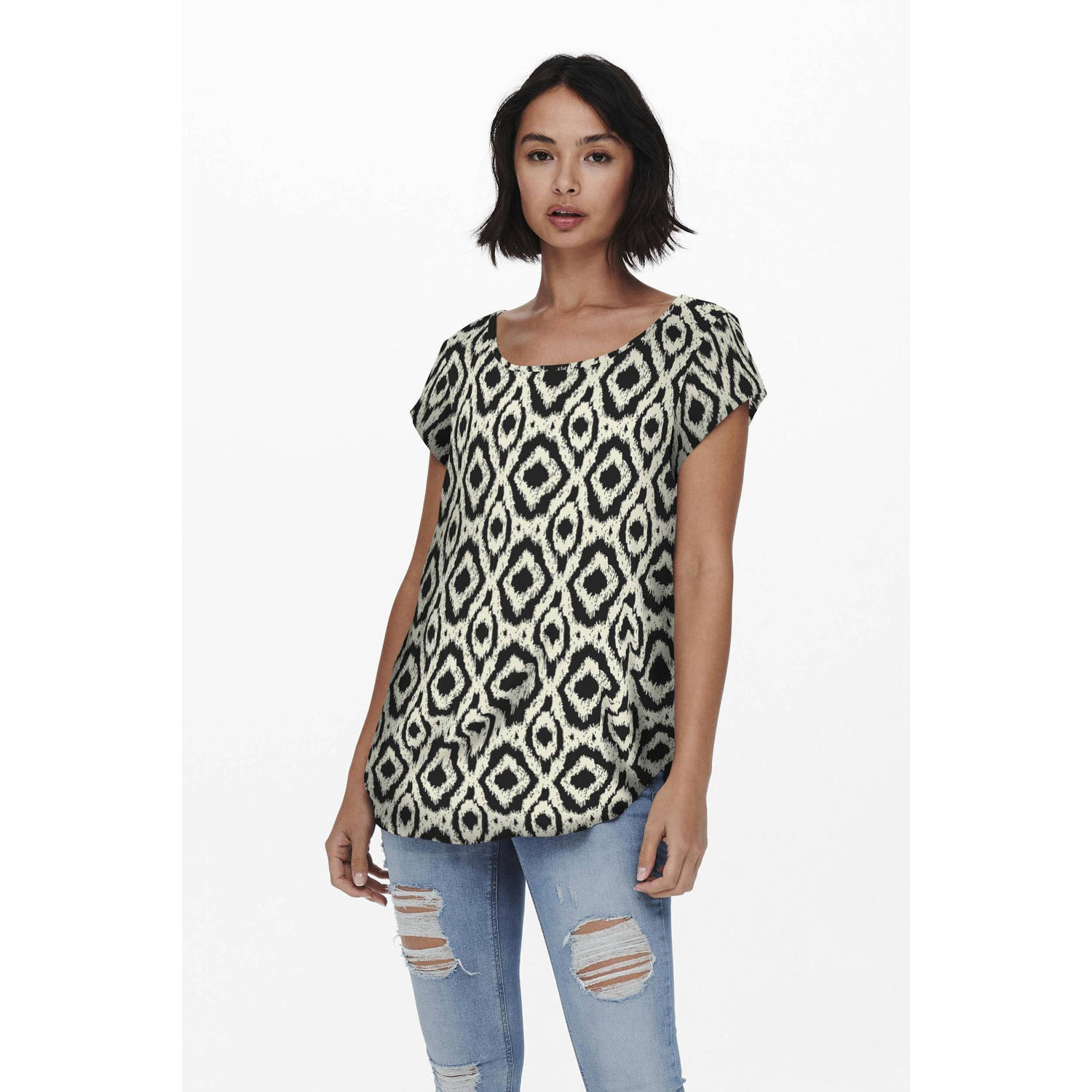 ONLY blousetop ONLNOVA met all over print en open detail ecru zwart