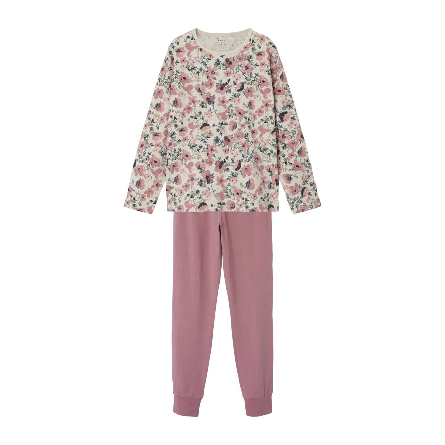 Name it KIDS gebloemde pyjama roze ecru multi Meisjes Stretchkatoen Ronde hals 110 116