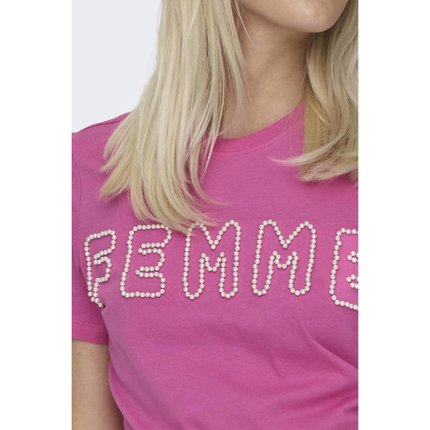 ONLY T-shirt ONLNANNA met printopdruk roze