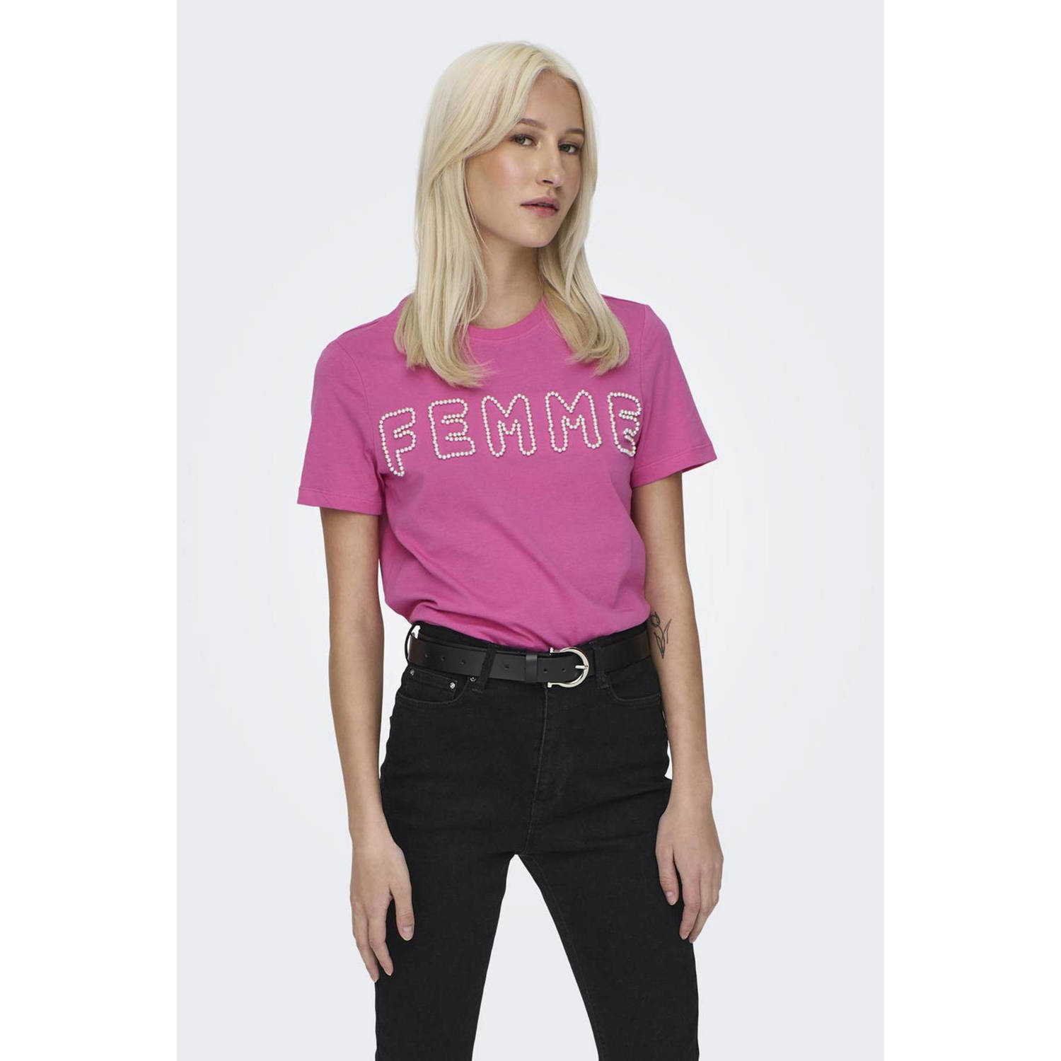 ONLY T-shirt ONLNANNA met printopdruk roze