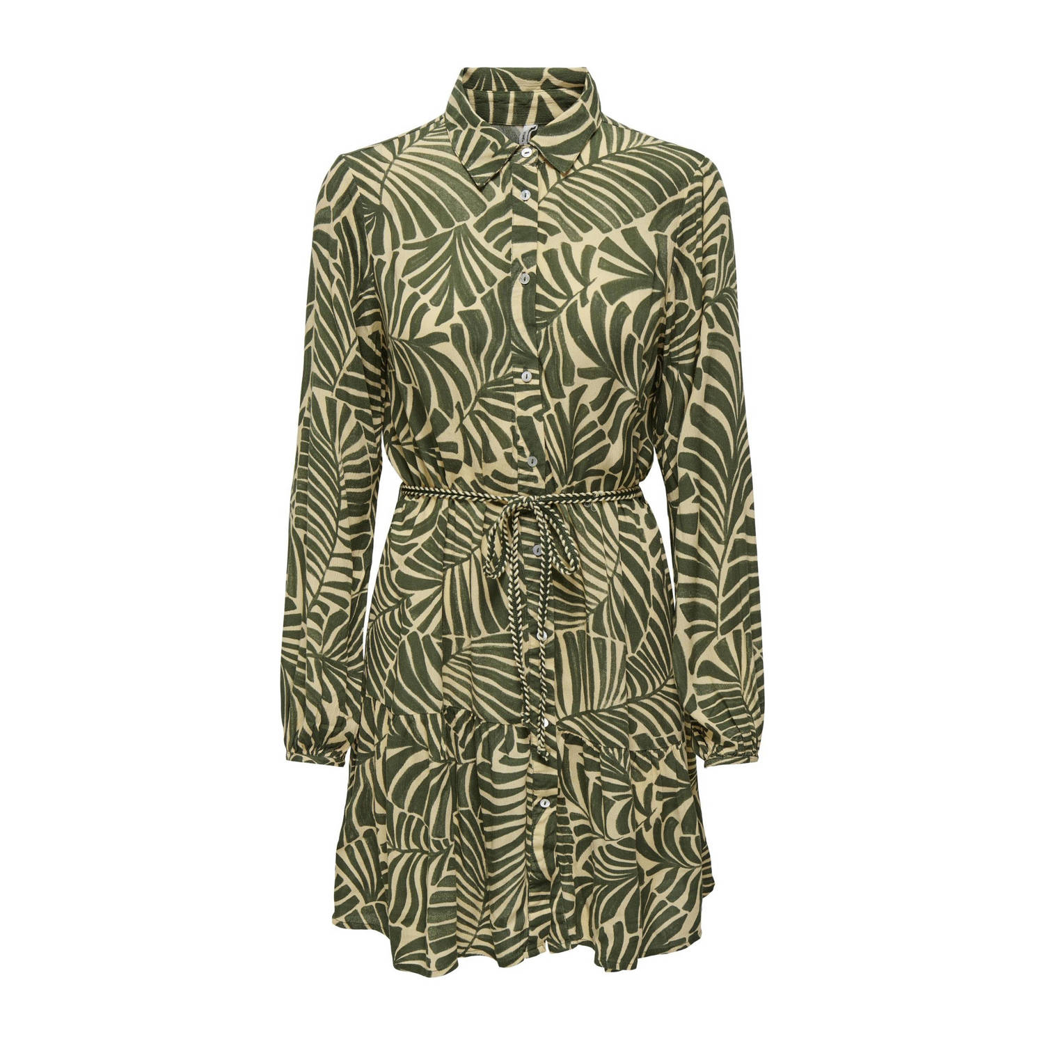 ONLY blousejurk ONLCHIARA met bladprint en ceintuur kaki geel