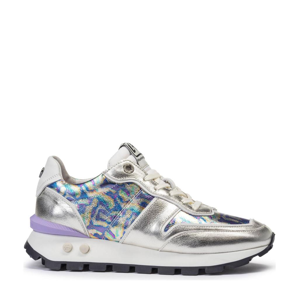Zilver en metallickleurige dames Floris van Bommel Blokki 01.17 leren sneakers met veters