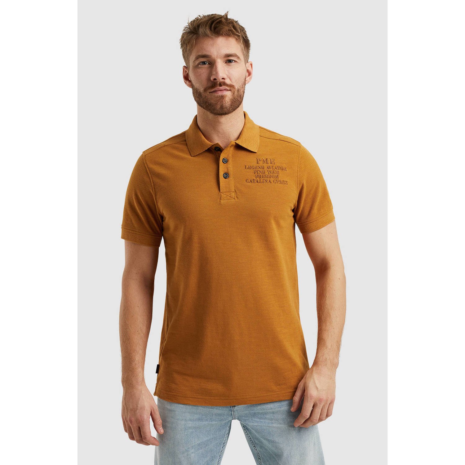 PME Legend polo met printopdruk en borduursels oker